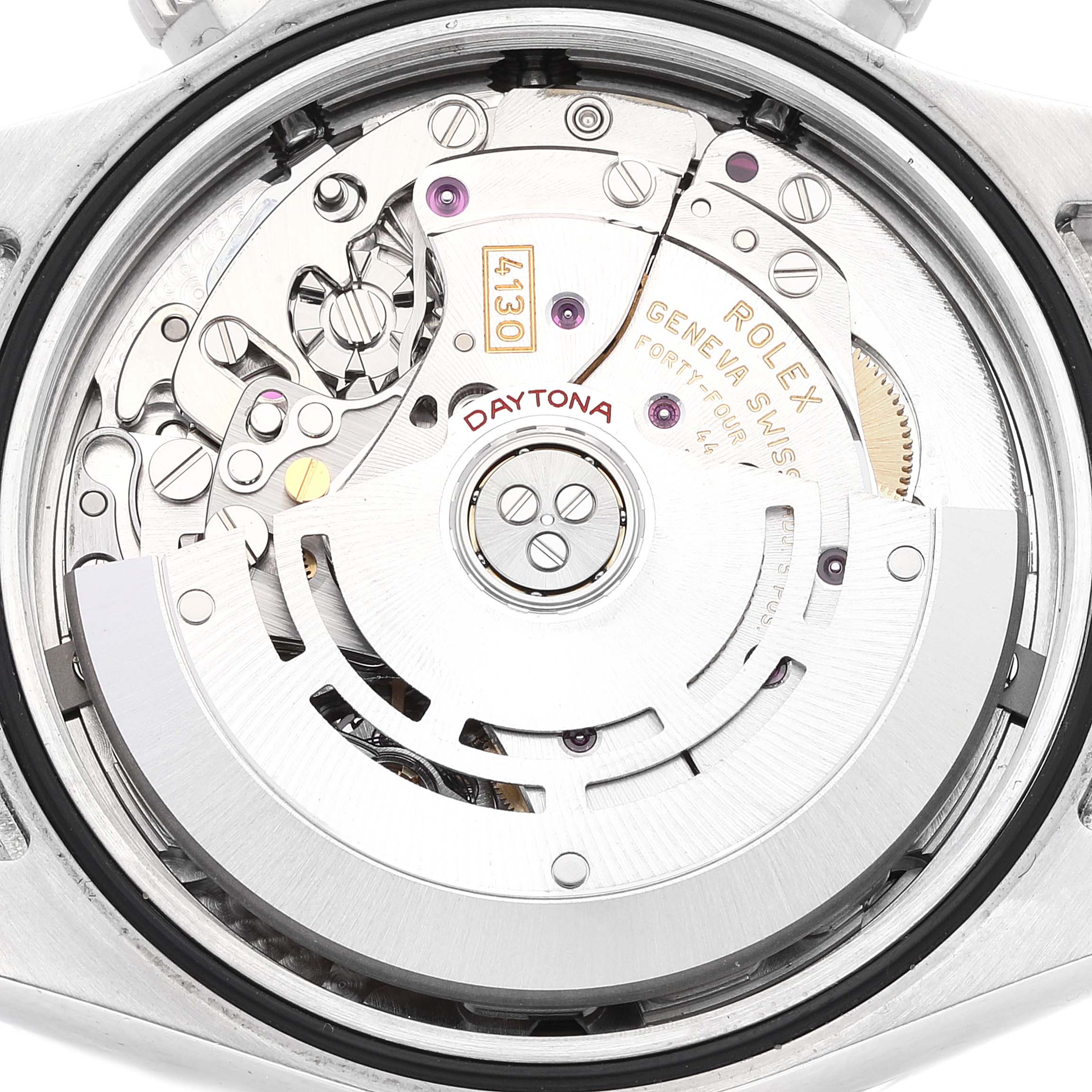 This image displays the inner mechanical movement of a Rolex Daytona 116520 Men
s Stainless Steel Black Dial 116520 Men
s Stainless Steel Black Dial watch from the back.