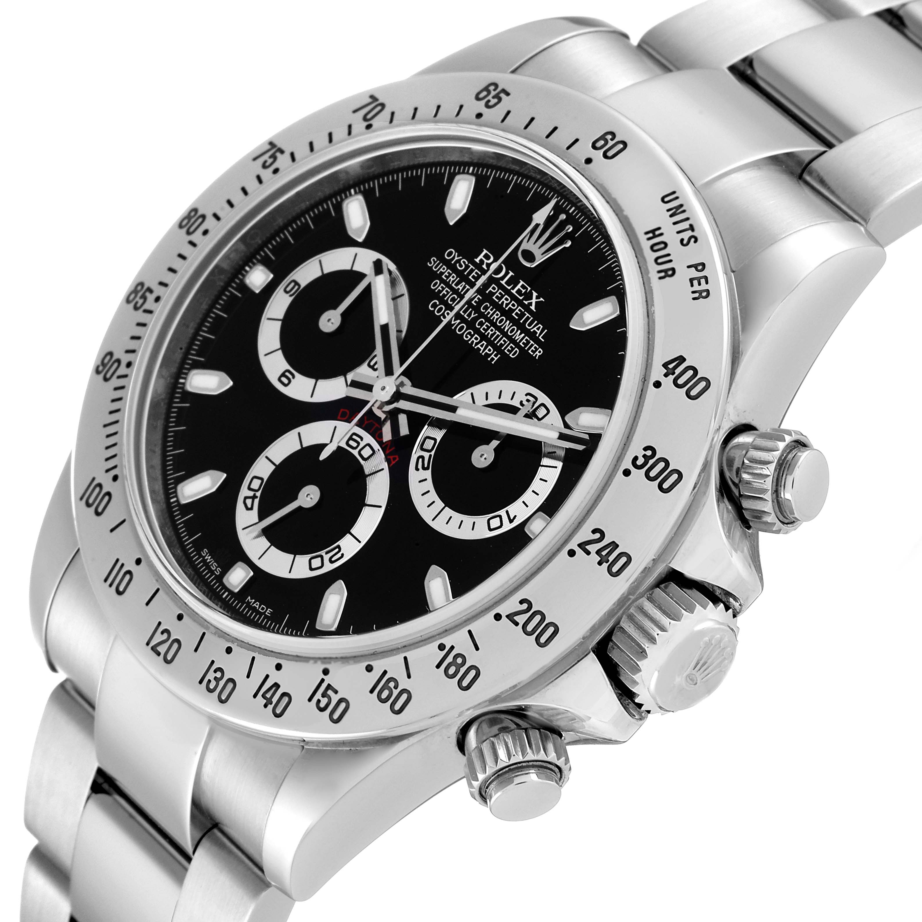 This image shows a close-up, angled view of the Rolex Daytona 116520 Men
s Stainless Steel Black Dial 116520 Men
s Stainless Steel Black Dial watch, highlighting the dial, bezel, and crown.