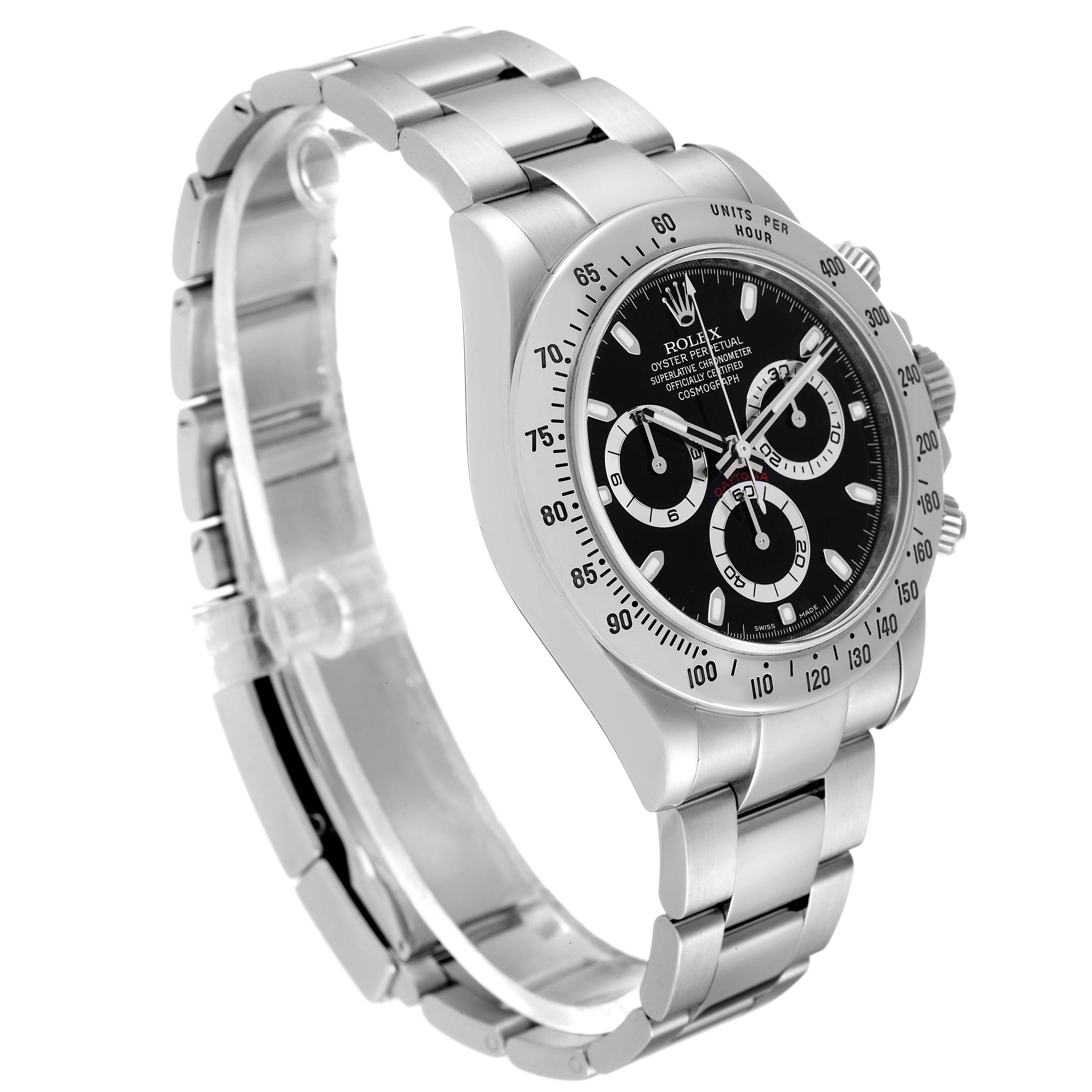 This image shows a side angle of a Rolex Daytona 116520 Men
s Stainless Steel Black Dial 116520 Men
s Stainless Steel Black Dial watch, detailing its bezel, dial, and stainless steel bracelet.