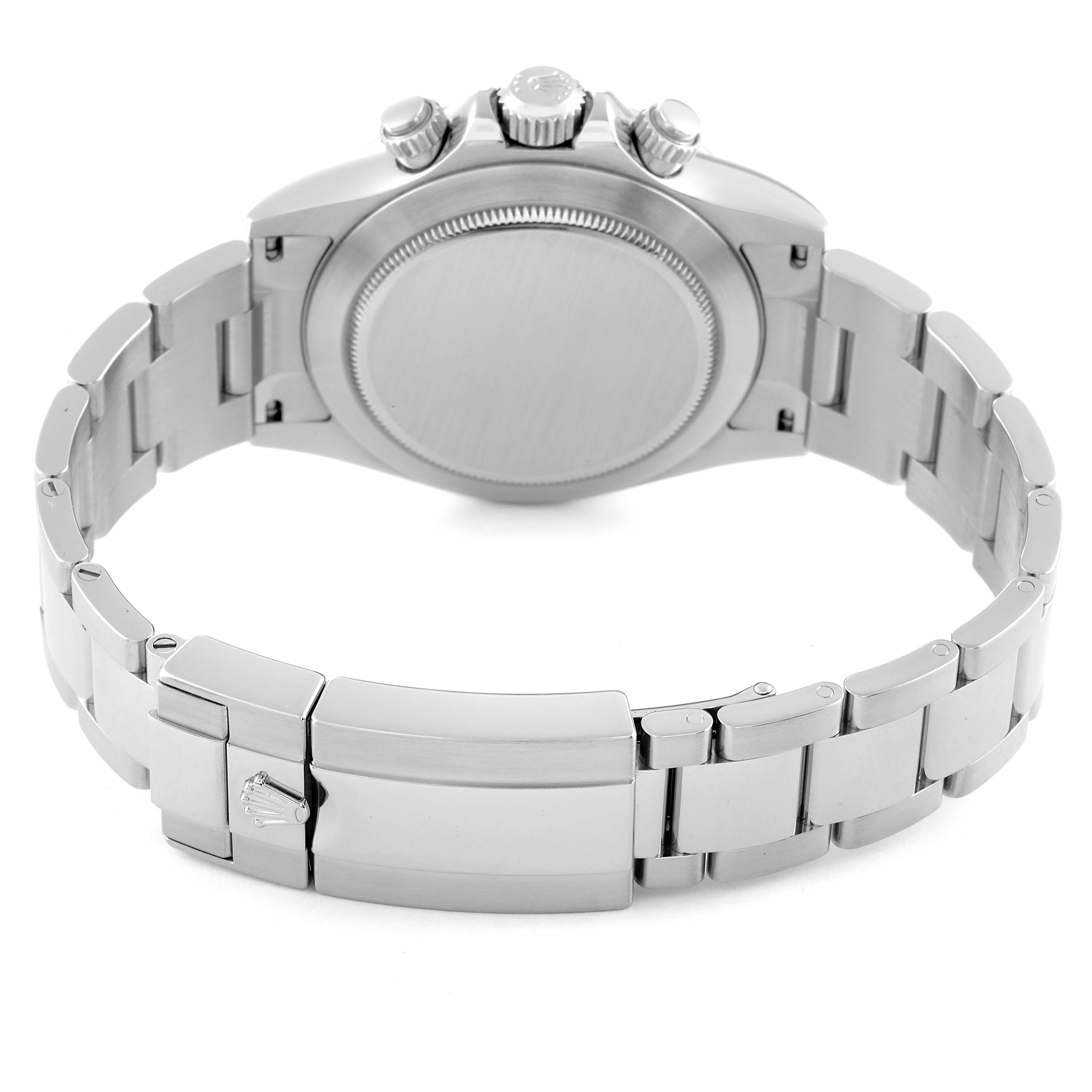 This image shows the back view of a Rolex Daytona 116520 Men
s Stainless Steel Black Dial 116520 Men
s Stainless Steel Black Dial watch, highlighting the bracelet, clasp, and case back.