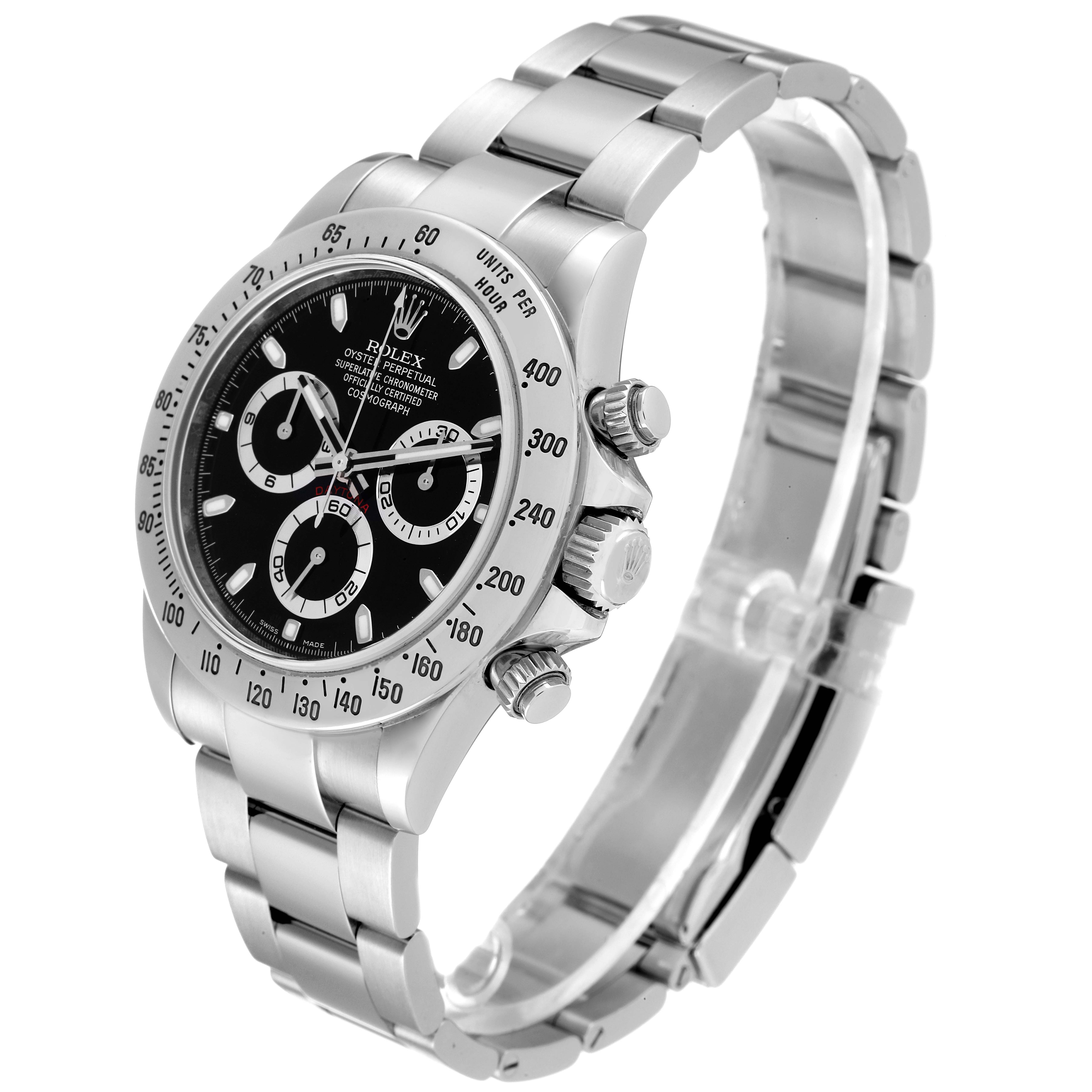 The image shows a side and front angle of a Rolex Daytona 116520 Men
s Stainless Steel Black Dial 116520 Men
s Stainless Steel Black Dial watch, highlighting the bezel, dial, chronograph subdials, and bracelet.