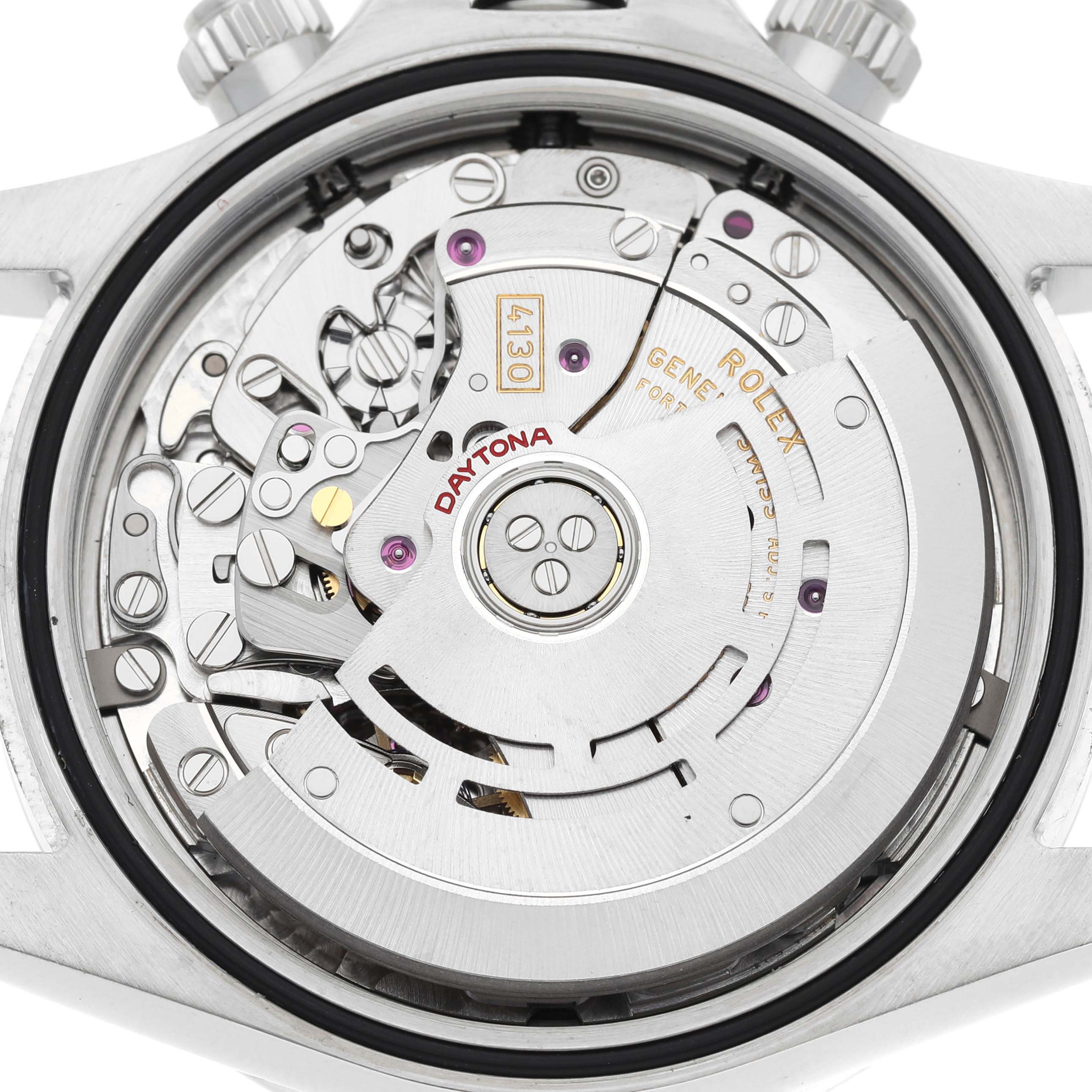 This is a close-up view of the movement inside a Rolex Daytona 116520 Men's Stainless Steel Black Dial 116520 Men's Stainless Steel Black Dial watch, showing its intricate mechanical parts.