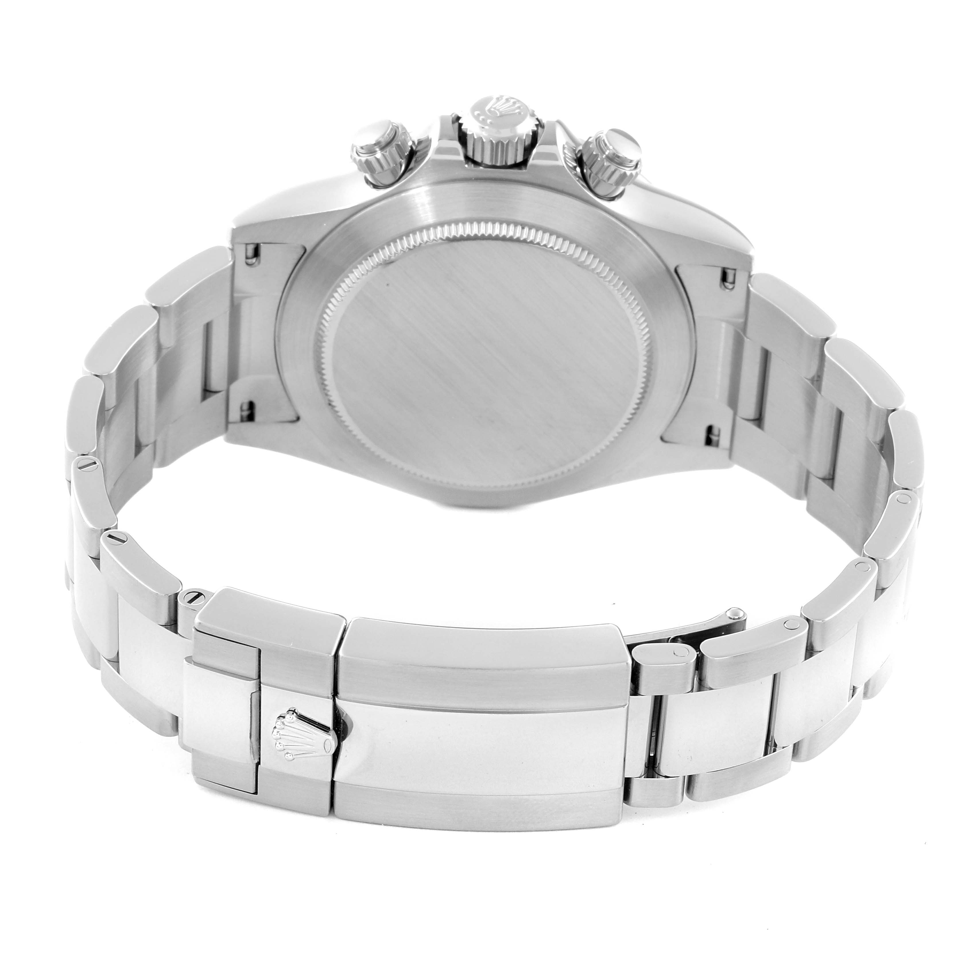 The image shows the back view of the Rolex Daytona 116520 Men's Stainless Steel Black Dial 116520 Men's Stainless Steel Black Dial watch, highlighting the case back and metal bracelet with the clasp.