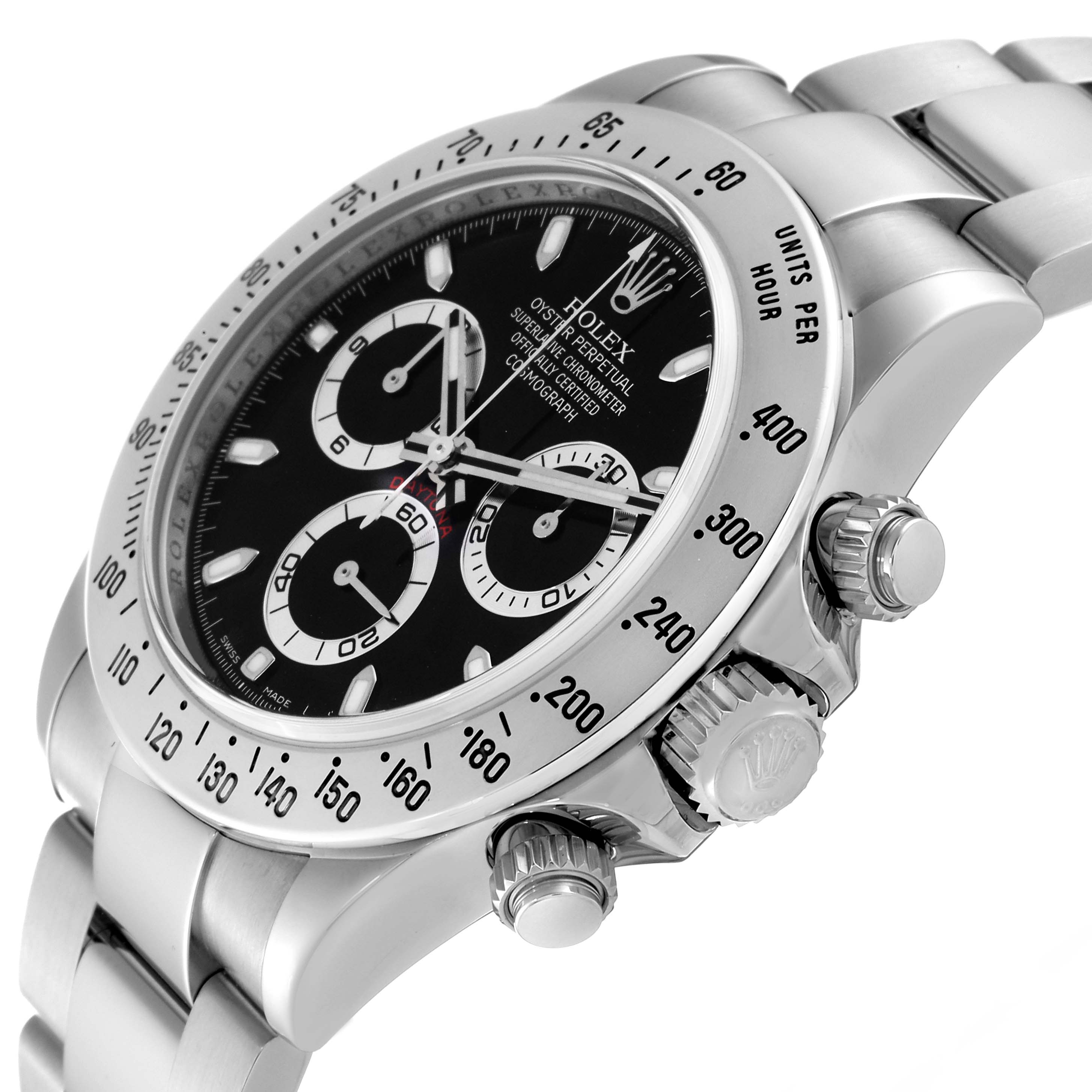 The image shows a close-up, angled view of a Rolex Daytona 116520 Men's Stainless Steel Black Dial 116520 Men's Stainless Steel Black Dial watch, highlighting the black dial, bezel, and crown.