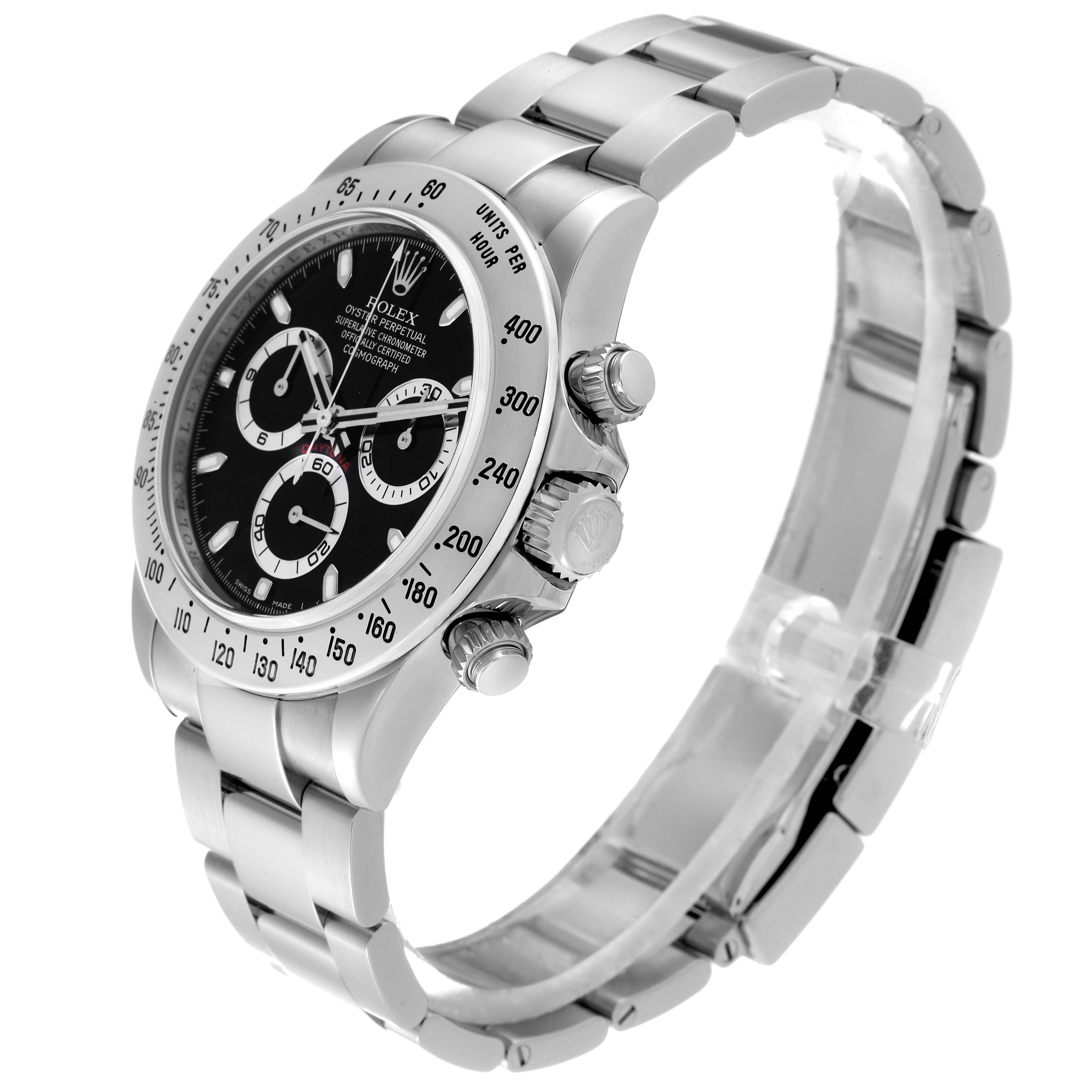 This image shows a Rolex Daytona 116520 Men's Stainless Steel Black Dial 116520 Men's Stainless Steel Black Dial watch angled to display the dial, bezel, and bracelet prominently.