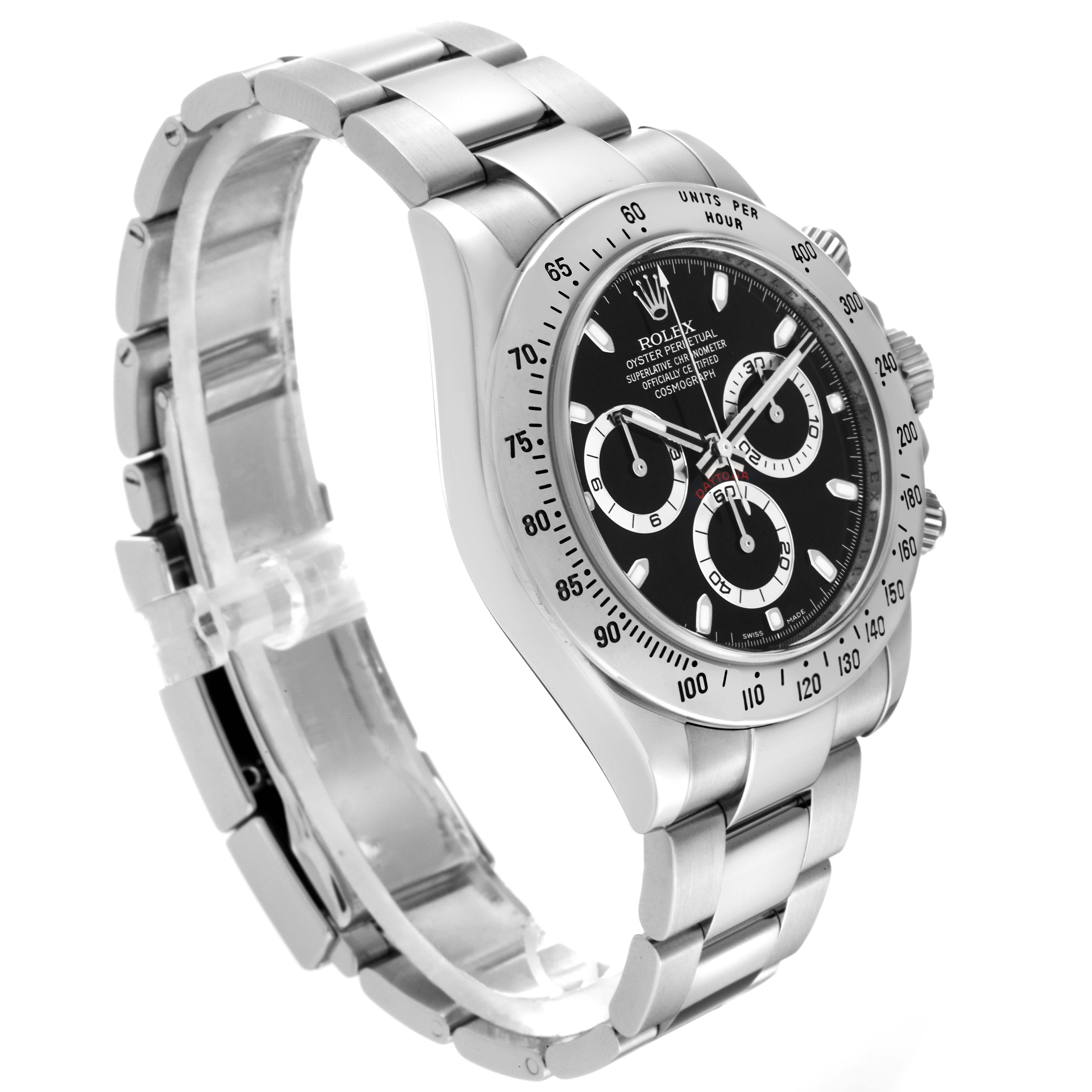The image shows a Rolex Daytona 116520 Men's Stainless Steel Black Dial 116520 Men's Stainless Steel Black Dial watch from an angle highlighting the face, bezel, and part of the bracelet.