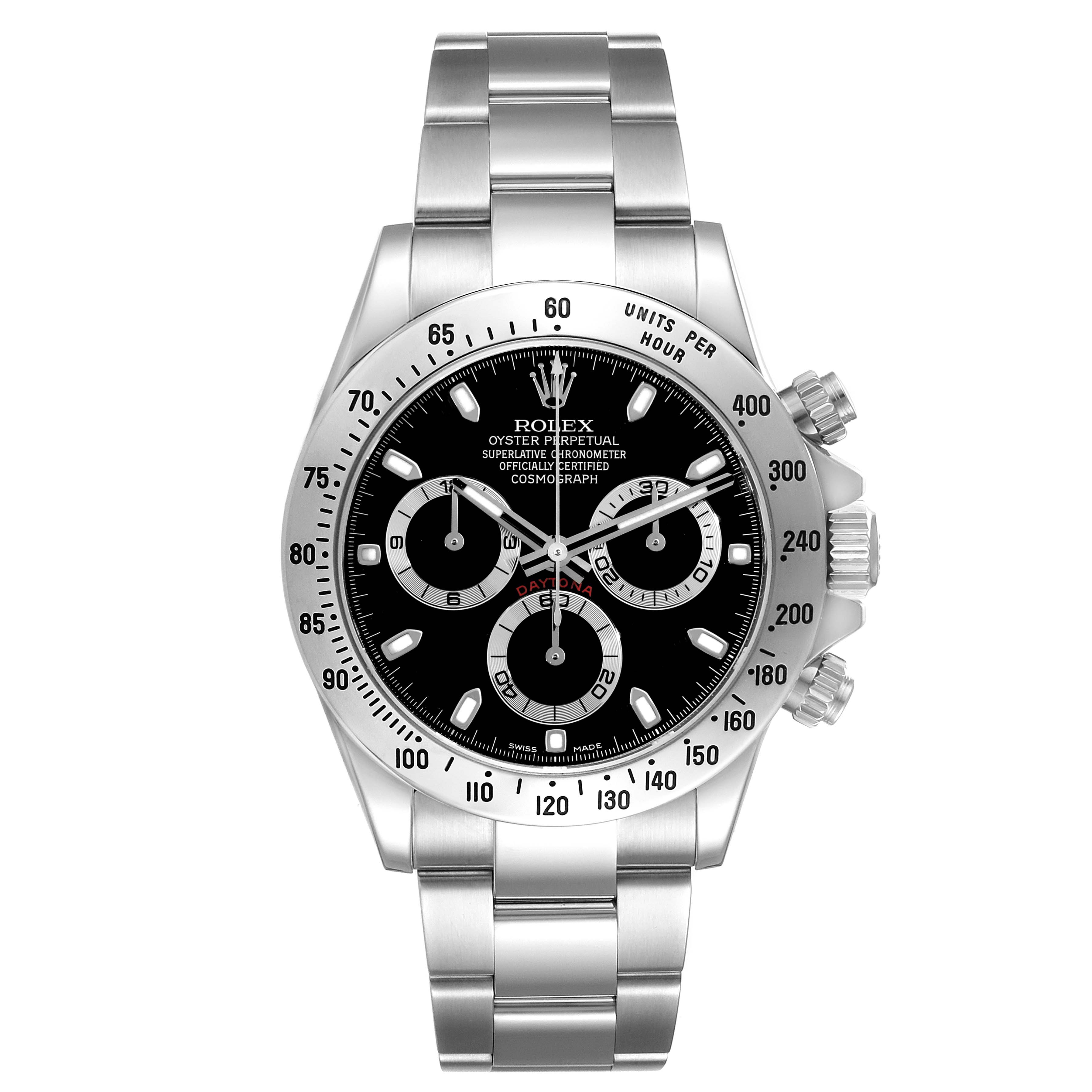 The image shows a front view of a Rolex Daytona 116520 Men's Stainless Steel Black Dial 116520 Men's Stainless Steel Black Dial watch, featuring a stainless steel bracelet and black dial with three subdials.