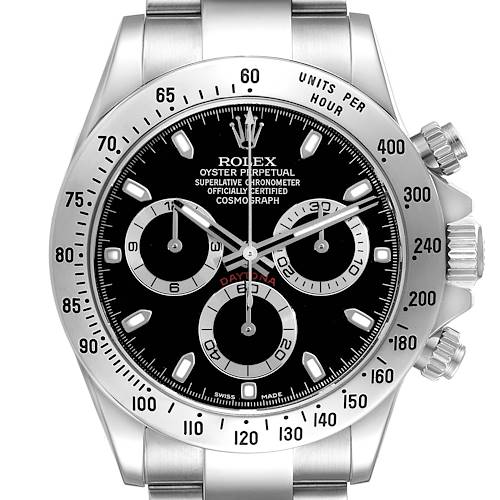 The image shows a front view of the Rolex Daytona watch, highlighting its face, markers, and chronograph subdials.