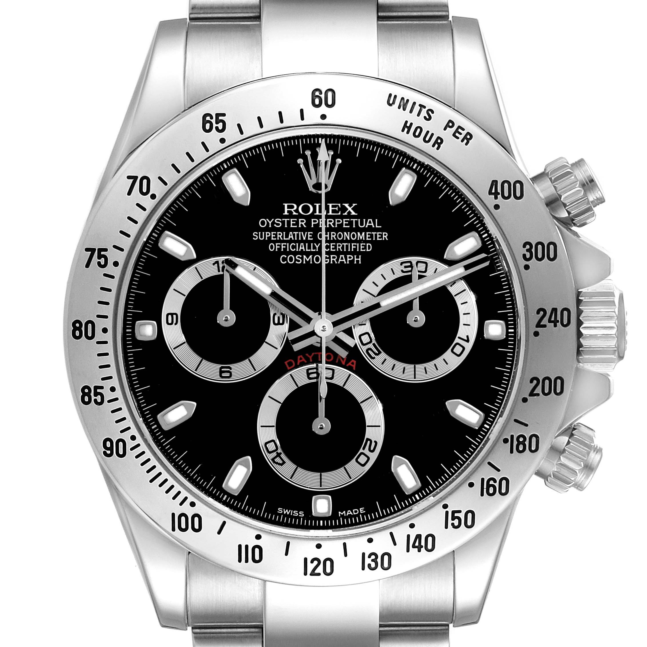 The image shows a front view of a Rolex Daytona 116520 Men's Stainless Steel Black Dial 116520 Men's Stainless Steel Black Dial watch displaying the dial, bezel, pushers, and part of the bracelet.