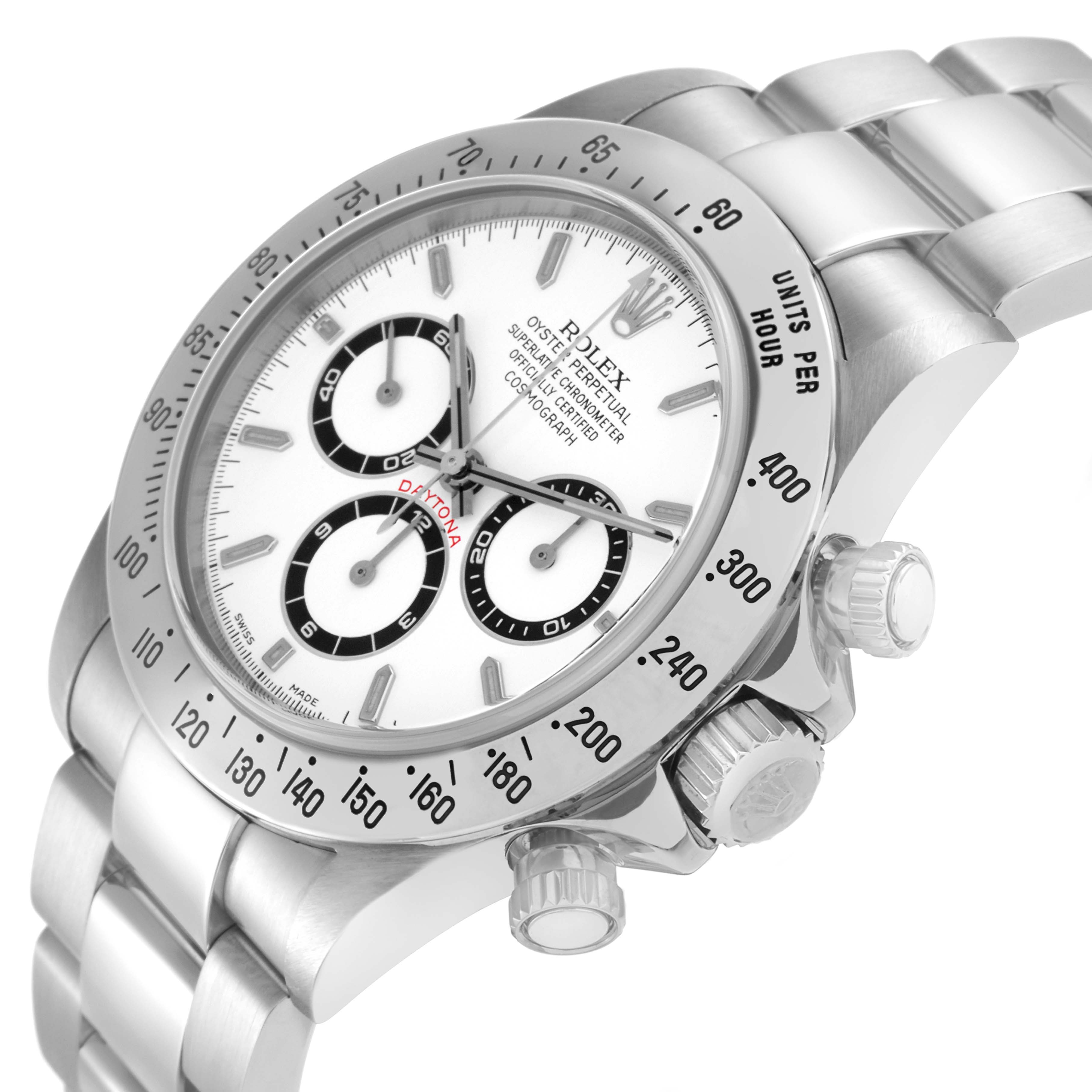 The Rolex Daytona 16520 Men
s Stainless Steel White Dial watch is shown from an angled view displaying the dial, bezel, crown, pushers, and part of the bracelet.