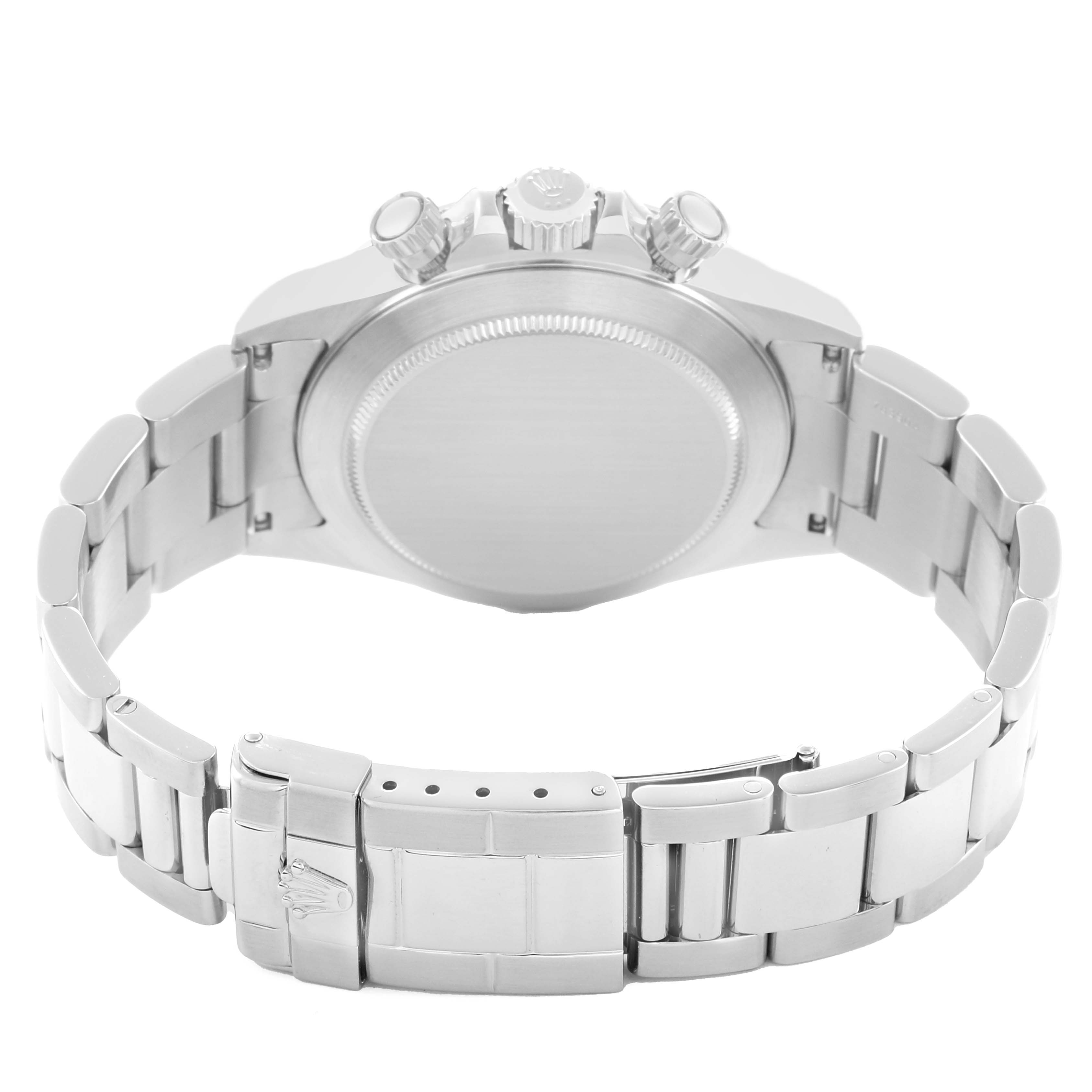 The image shows the back view of a Rolex Daytona 16520 Men
s Stainless Steel White Dial watch, highlighting the clasp, bracelet, and case back.