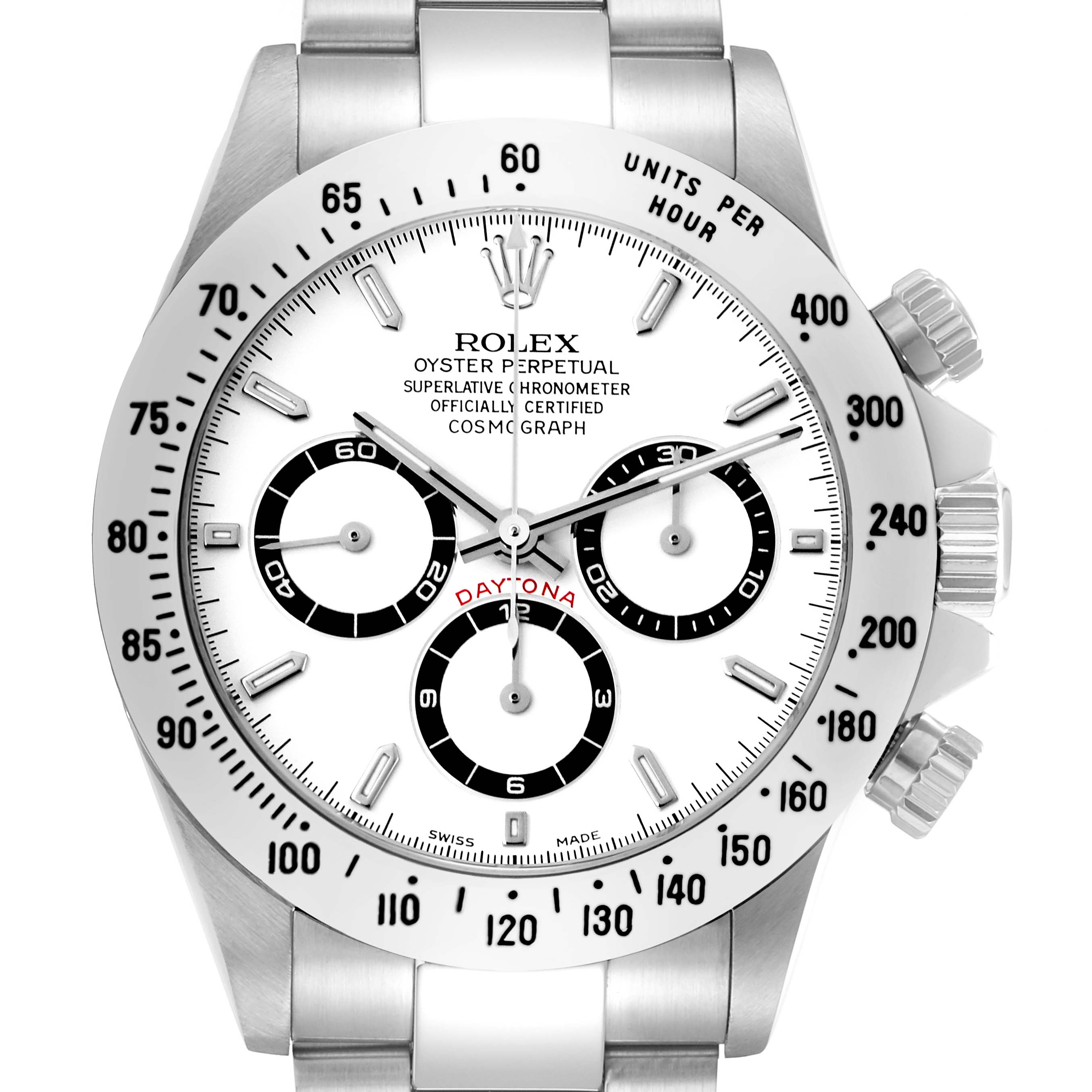 The Rolex Daytona 16520 Men
s Stainless Steel White Dial watch is shown from a front angle, displaying its face, bezel, crown, and push buttons clearly.