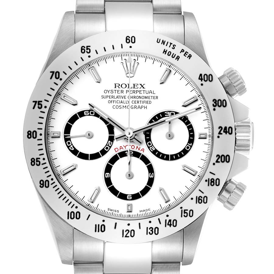 The image shows a frontal view of a Rolex Daytona watch, model 16520, highlighting the dial, bezel, chronograph subdials, and crown.
