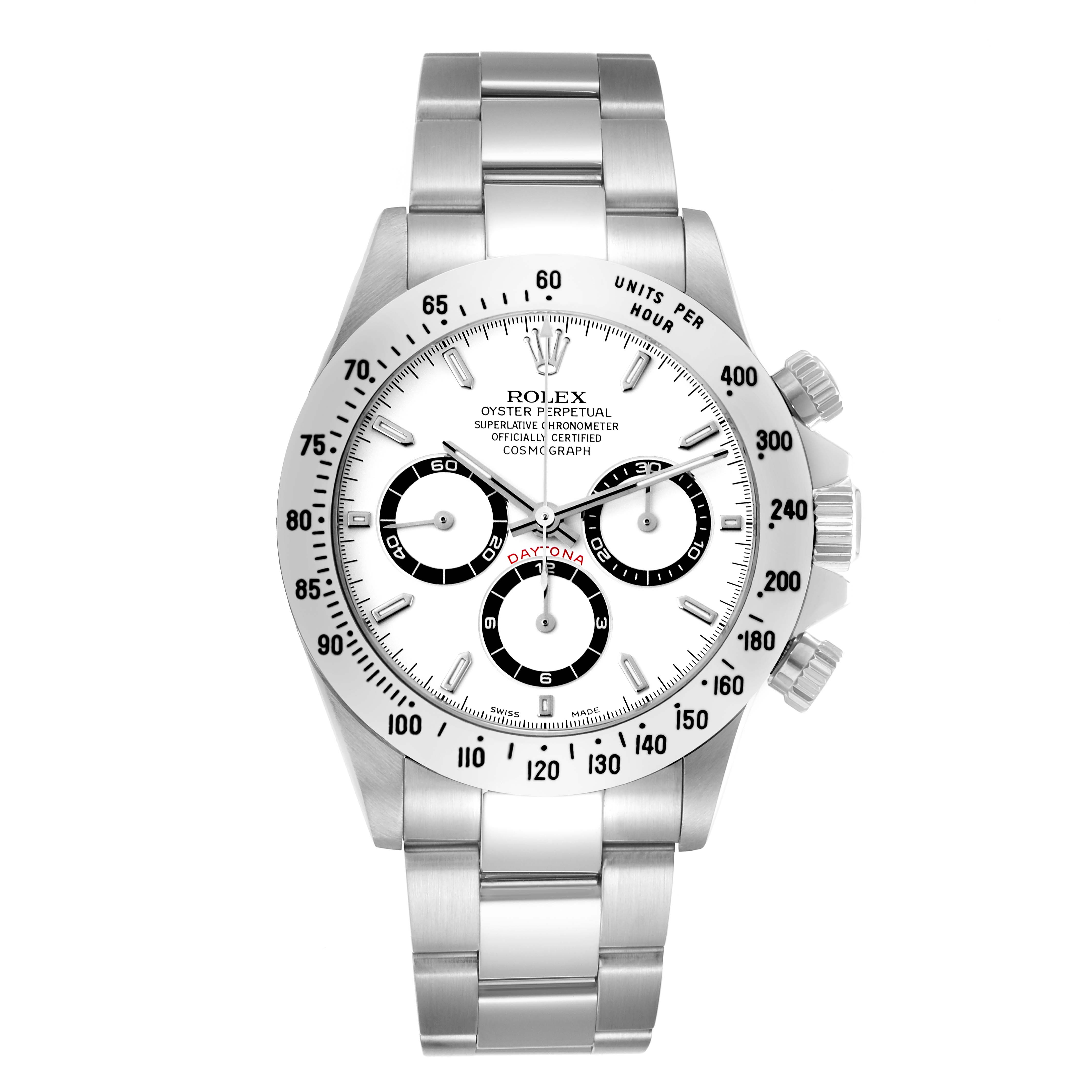 The Rolex Daytona 16520 Men
s Stainless Steel White Dial watch is shown from a front angle, displaying the dial, bezel, and bracelet.