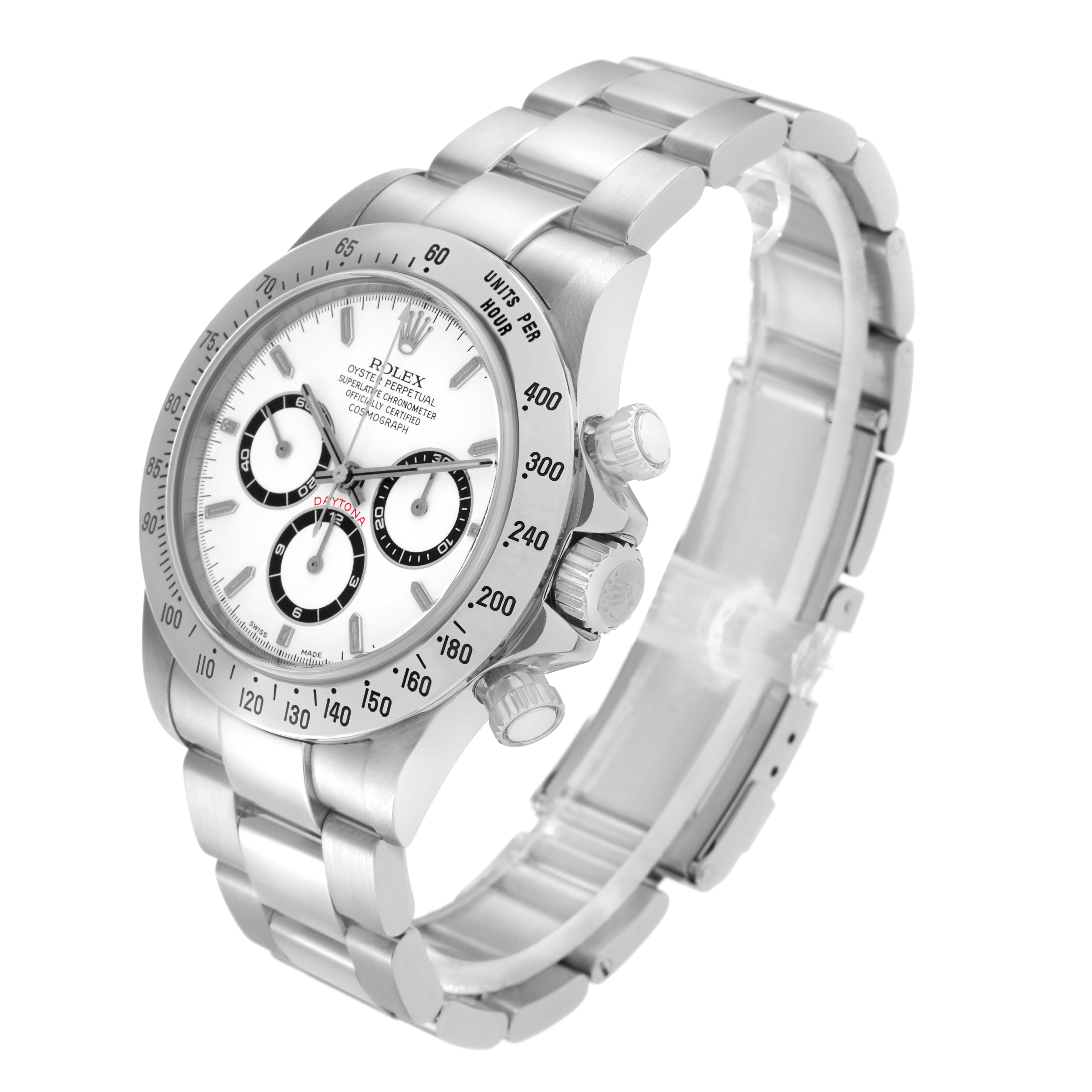 The Rolex Daytona 16520 Men
s Stainless Steel White Dial watch is shown at an angle highlighting the face, bezel, pushers, crown, and bracelet.