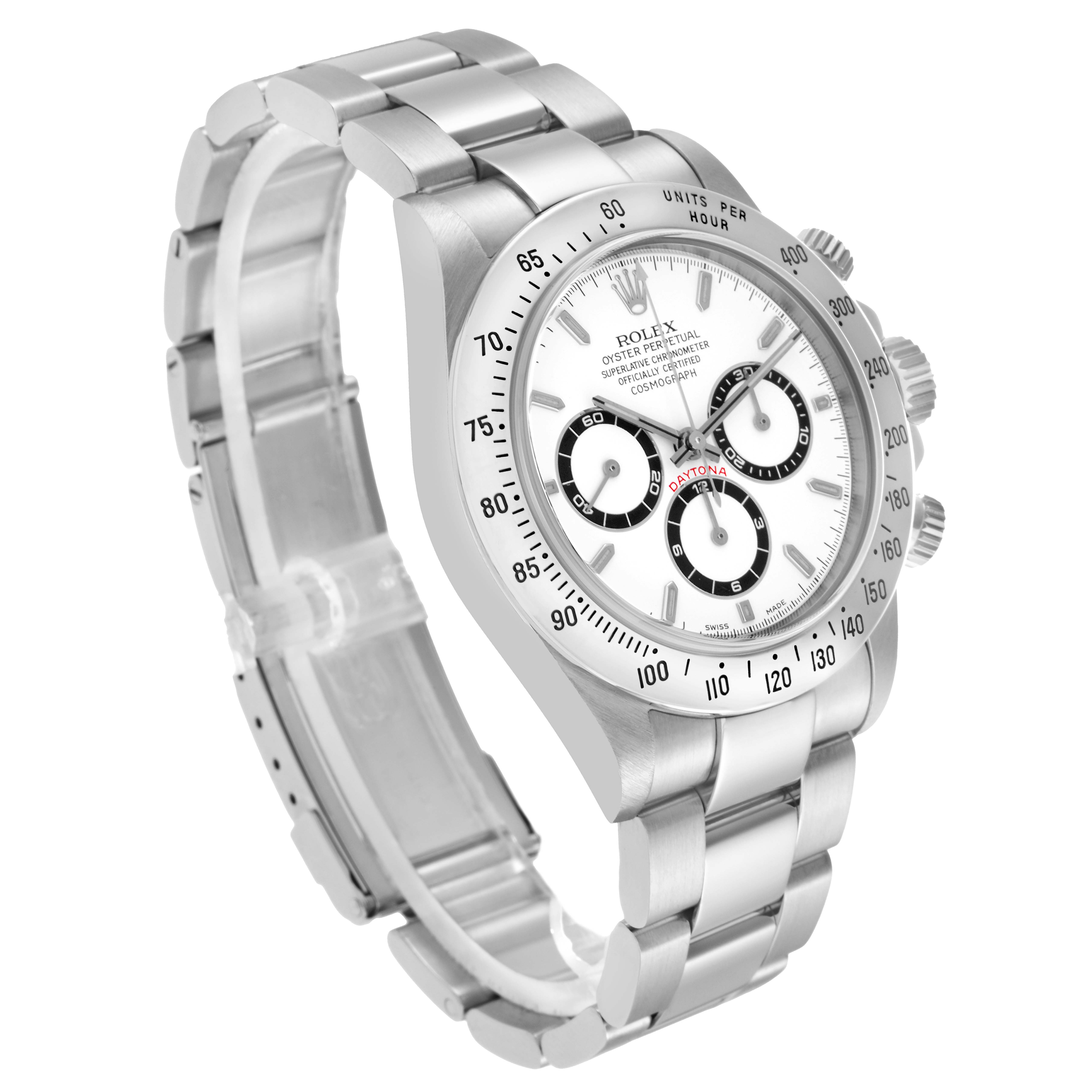 The Rolex Daytona 16520 Men
s Stainless Steel White Dial watch is shown at a three-quarter angle, highlighting the dial, bezel, bracelet, and pushers.