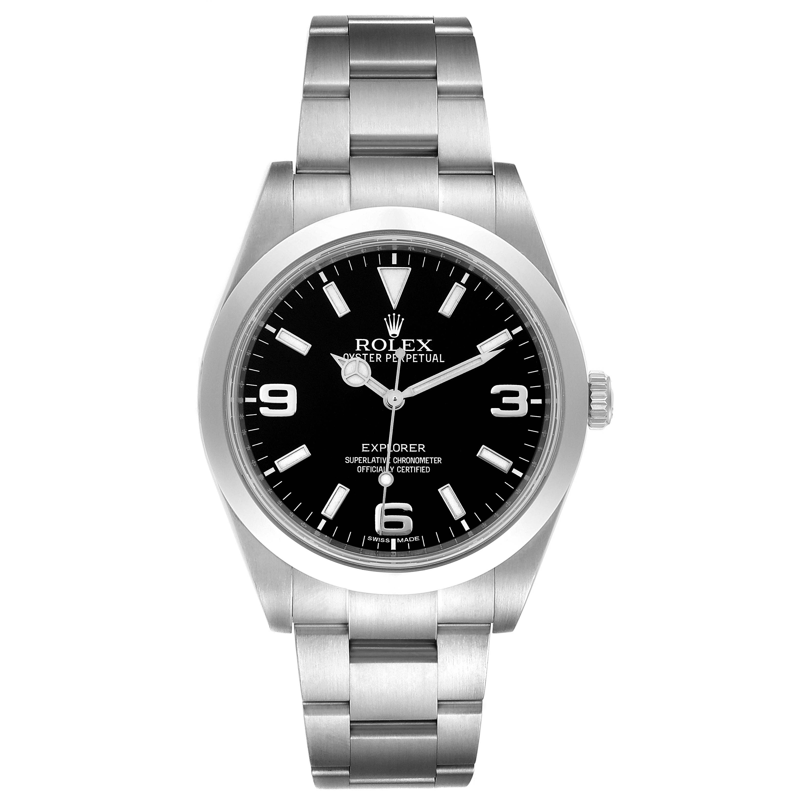 The image displays a front view of a Rolex Explorer 214270 Men's Stainless Steel Black Dial 214270 Men's Stainless Steel Black Dial watch, showing its dial, bezel, and bracelet.