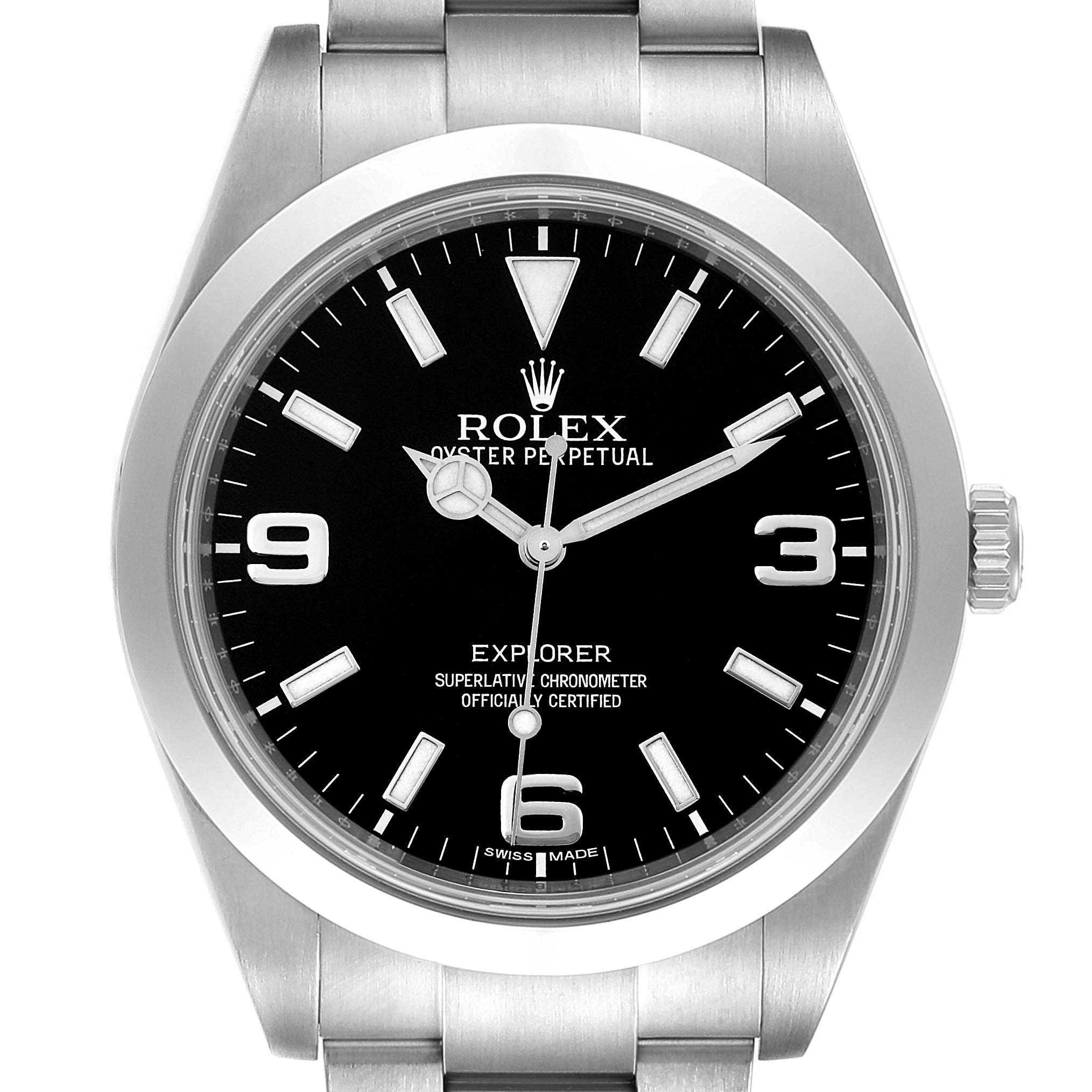 This Rolex Explorer 214270 Men's Stainless Steel Black Dial 214270 Men's Stainless Steel Black Dial watch is shown from a front angle, displaying its black dial, silver hands, numbers, and stainless steel bracelet.