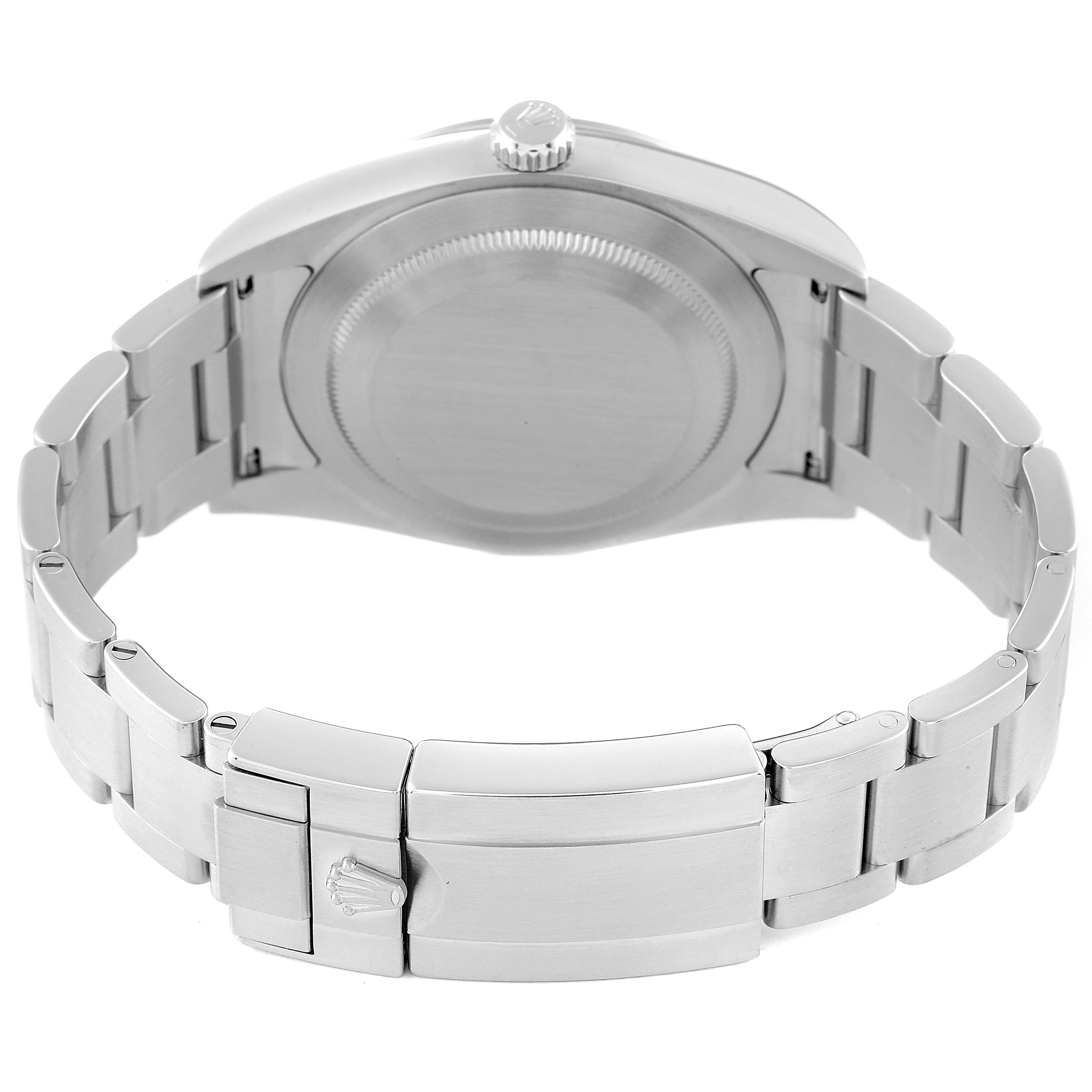 This image shows the back view of a Rolex Explorer 214270 Men's Stainless Steel Black Dial 214270 Men's Stainless Steel Black Dial watch, highlighting its case back, bracelet, and clasp.