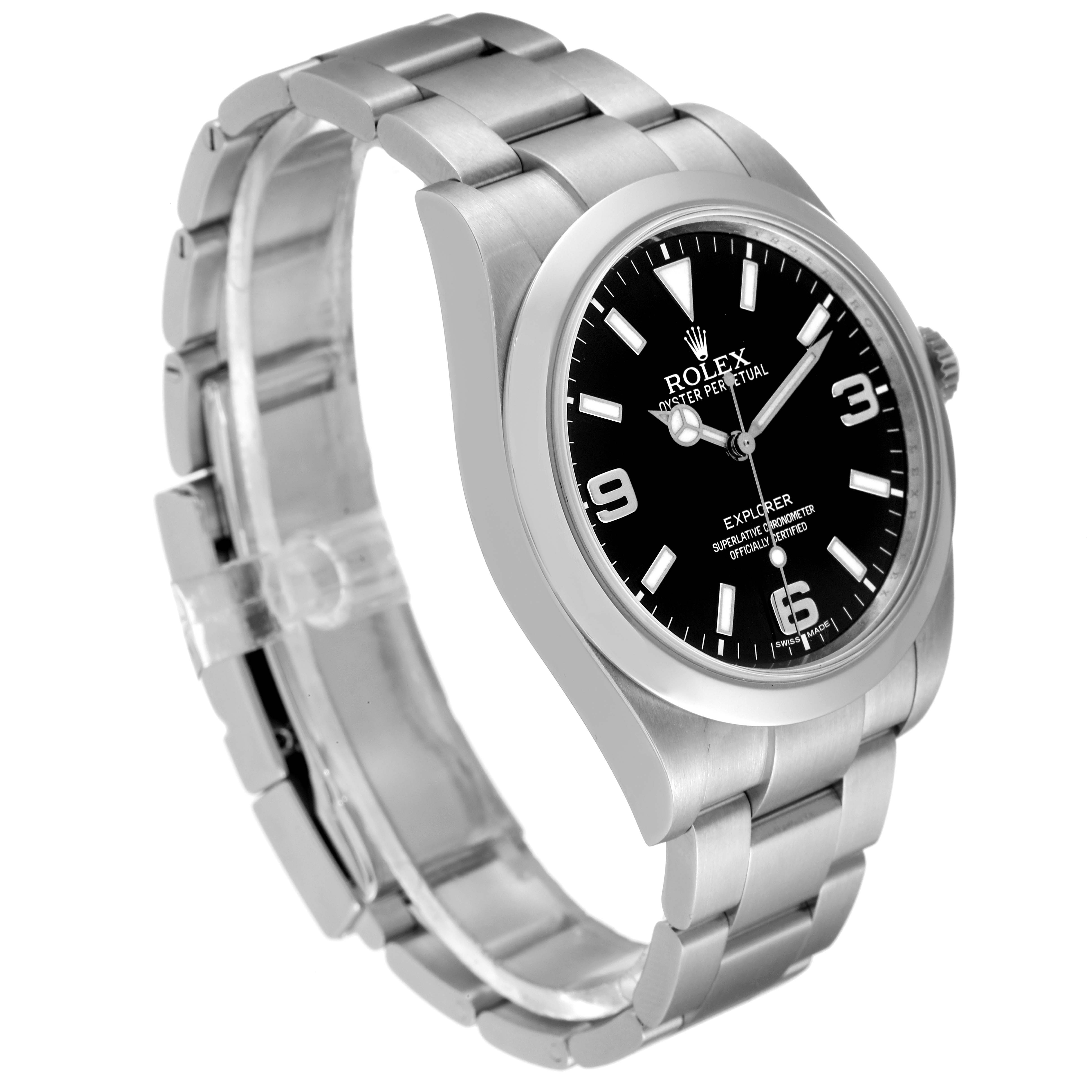 The image shows a Rolex Explorer 214270 Men's Stainless Steel Black Dial 214270 Men's Stainless Steel Black Dial model watch at an angled side view, highlighting the bracelet and black dial.