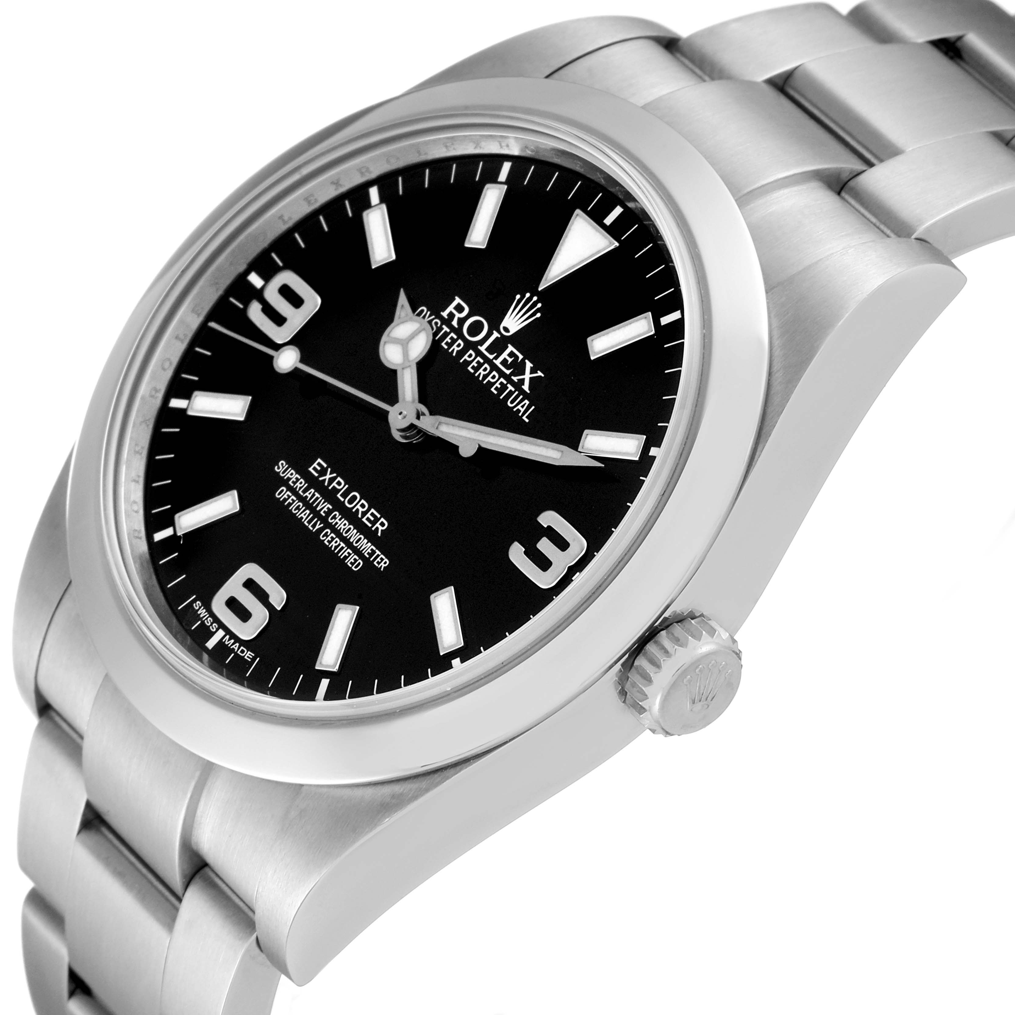 This image shows a side angle of the Rolex Explorer 214270 Men's Stainless Steel Black Dial 214270 Men's Stainless Steel Black Dial model watch, focusing on the dial, case, crown, and part of the bracelet.