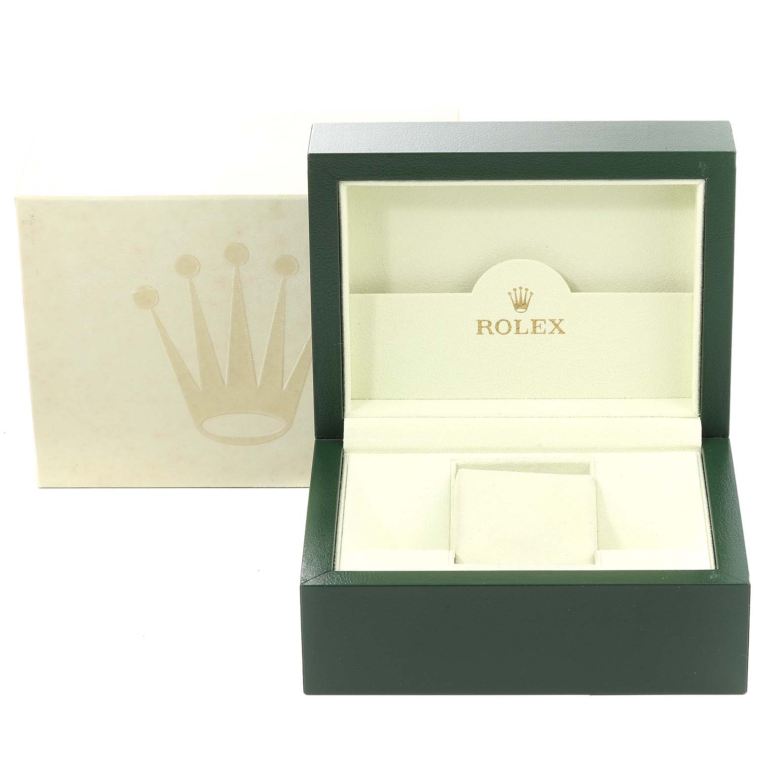 The image shows an open Rolex Explorer 214270 Men's Stainless Steel Black Dial 214270 Men's Stainless Steel Black Dial watch box with a cream interior and green exterior, alongside its outer box.