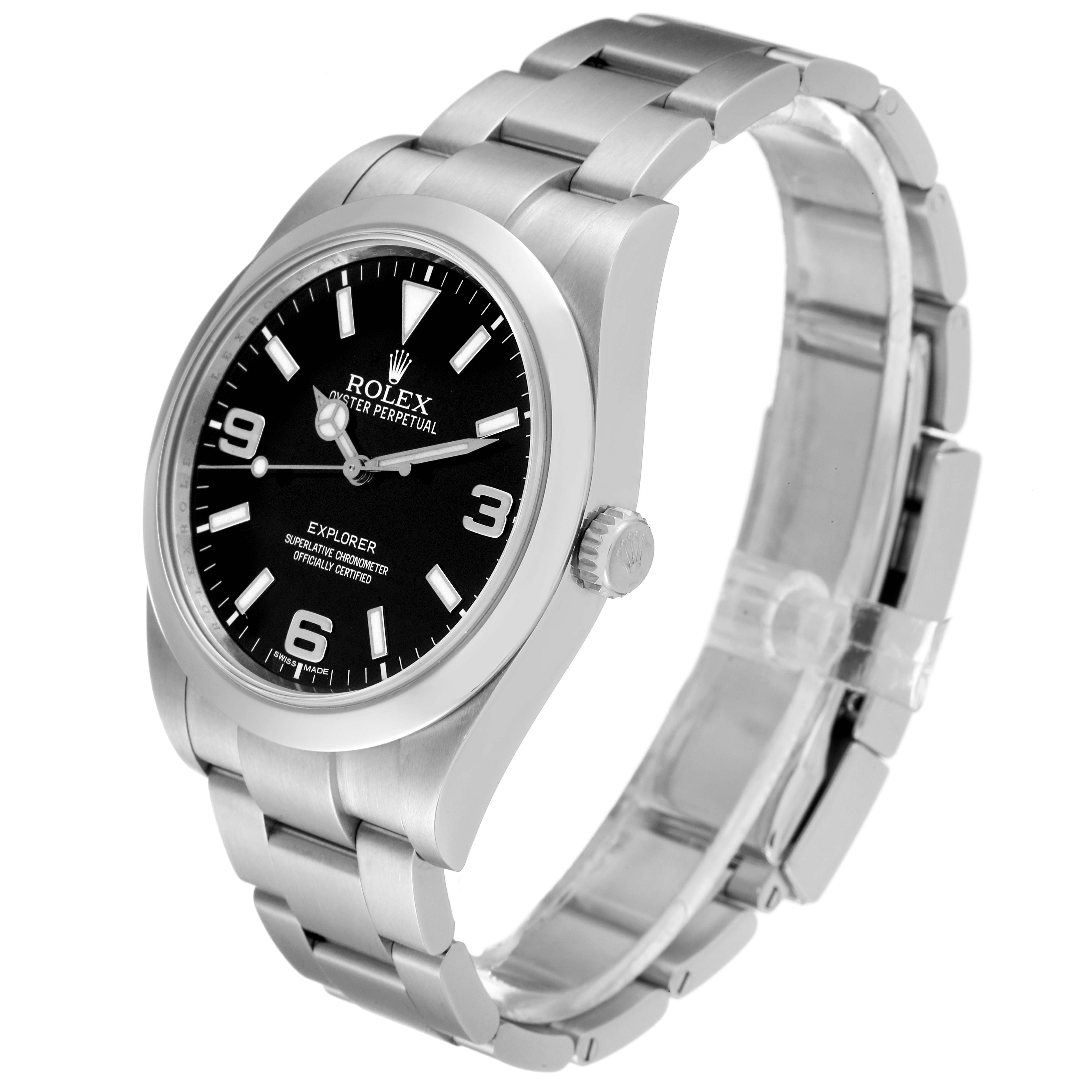 The image shows a side angle of the Rolex Explorer 214270 Men's Stainless Steel Black Dial 214270 Men's Stainless Steel Black Dial watch displaying its face, bezel, crown, and metal bracelet.