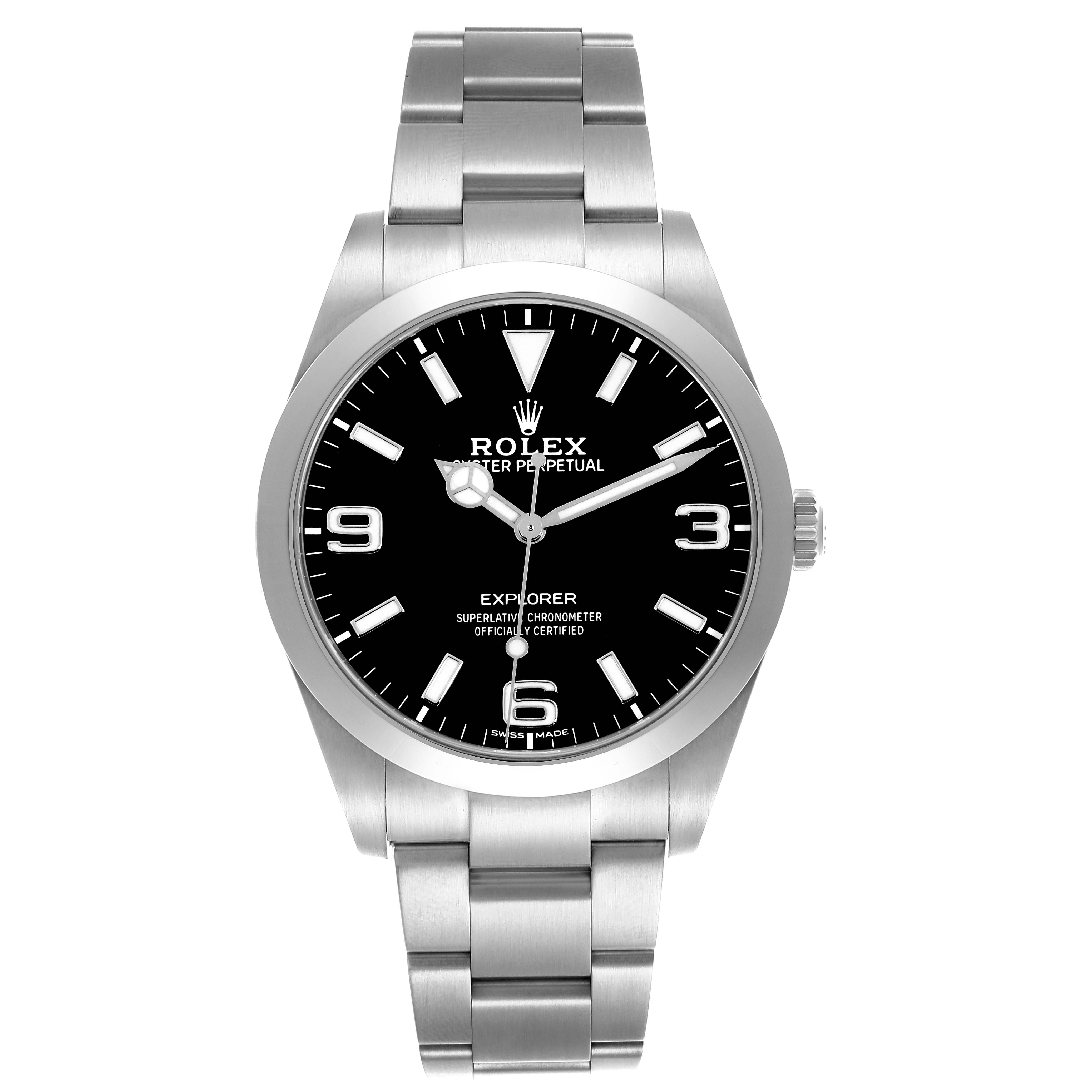 The Rolex Explorer 214270 Men's Stainless Steel Black Dial watch is shown from a front angle displaying the dial, bezel, and bracelet clearly.