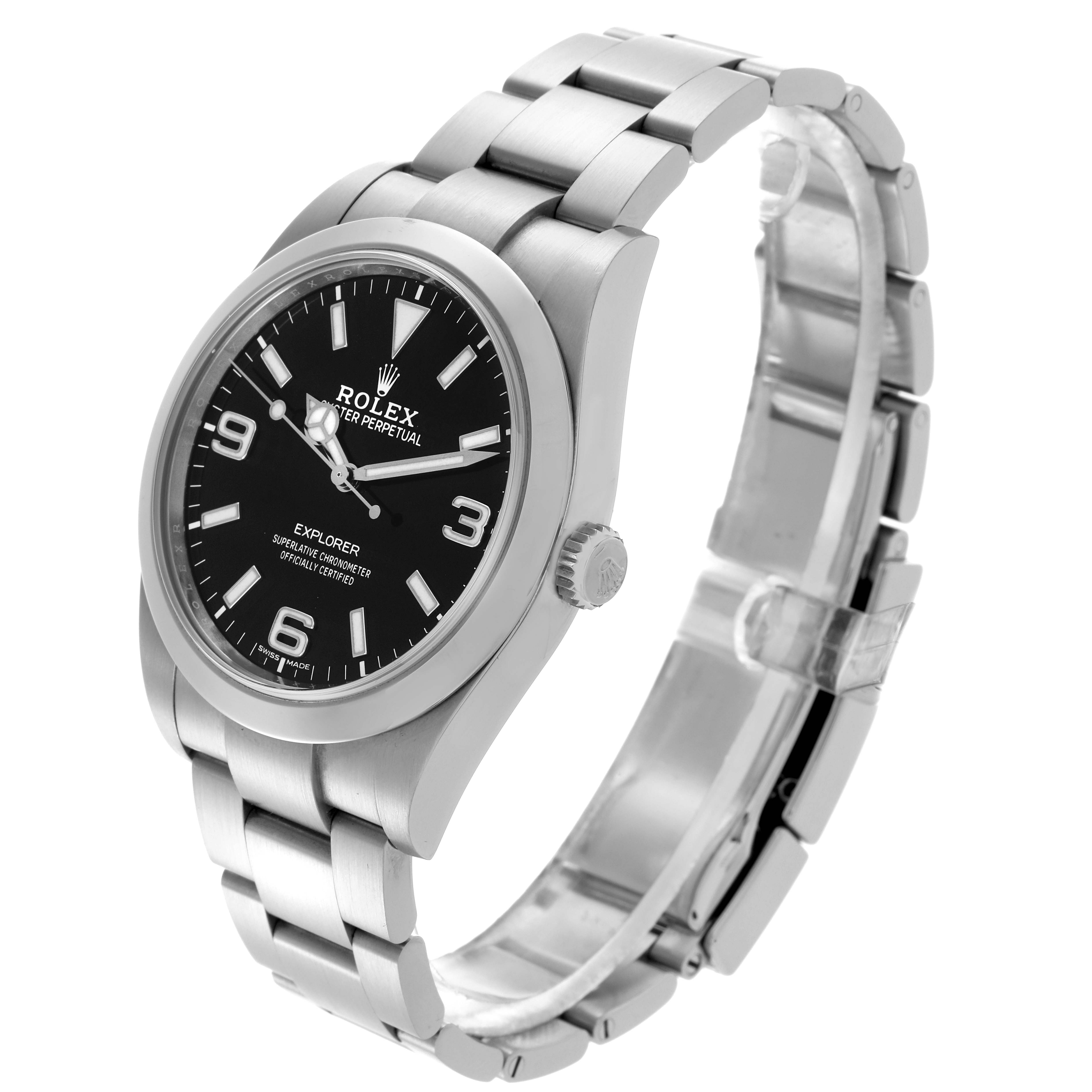 The Rolex Explorer 214270 Men's Stainless Steel Black Dial watch is shown at a three-quarter angle, displaying the face, case, crown, and bracelet.