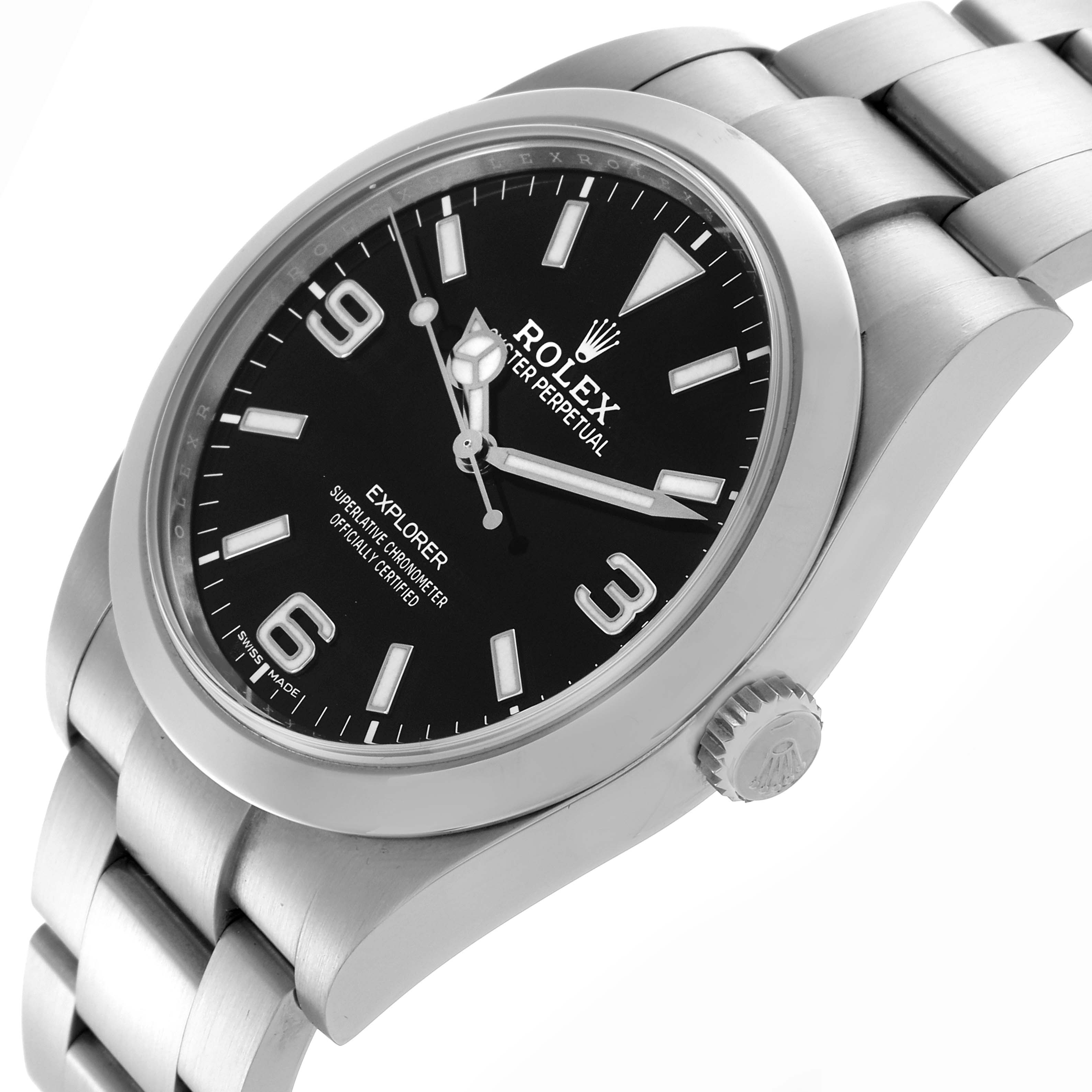 The Rolex Explorer 214270 Men's Stainless Steel Black Dial watch is shown at an angle highlighting the face, bezel, crown, and bracelet links.