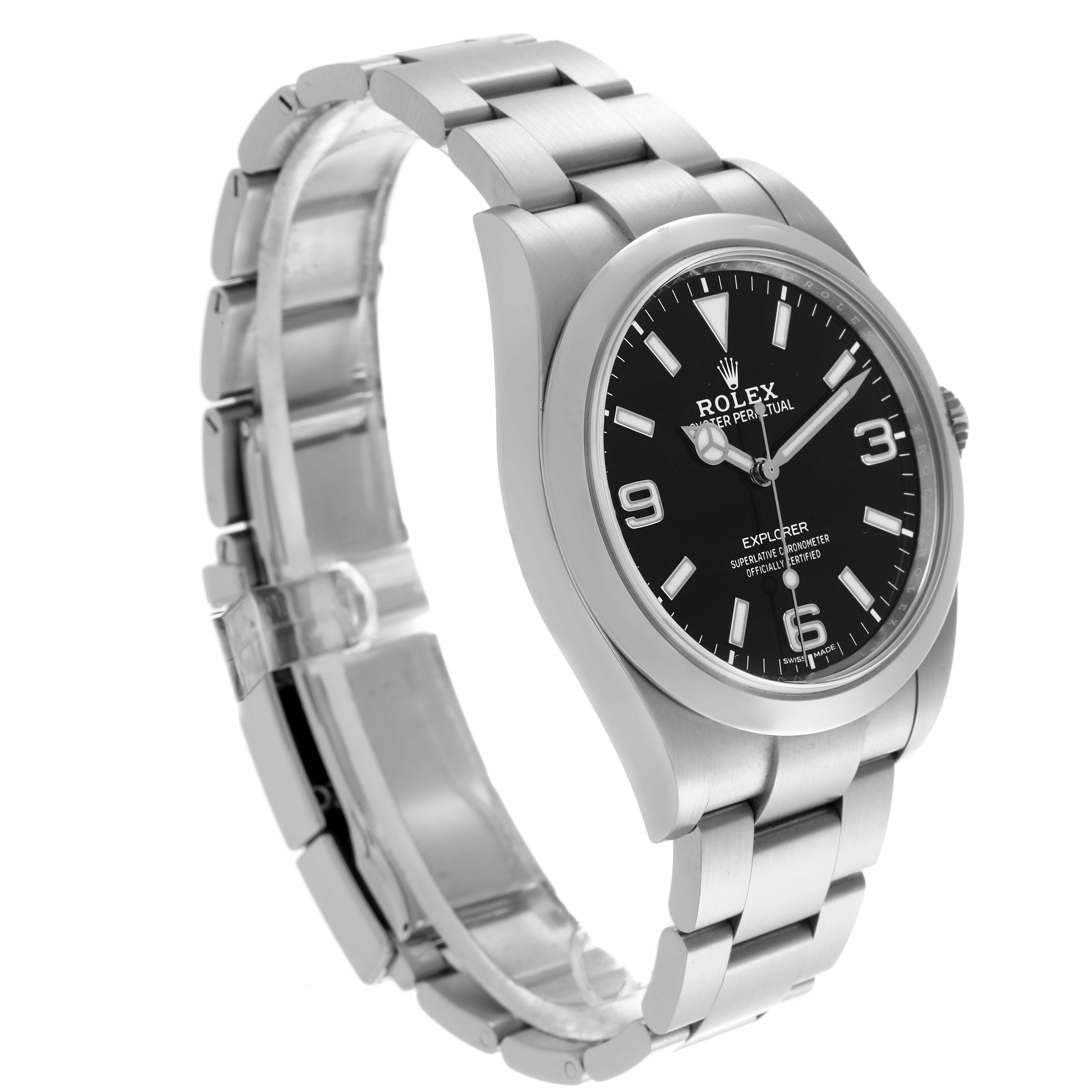The Rolex Explorer 214270 Men's Stainless Steel Black Dial watch is shown at a three-quarter angle, displaying the case, bracelet, and face.