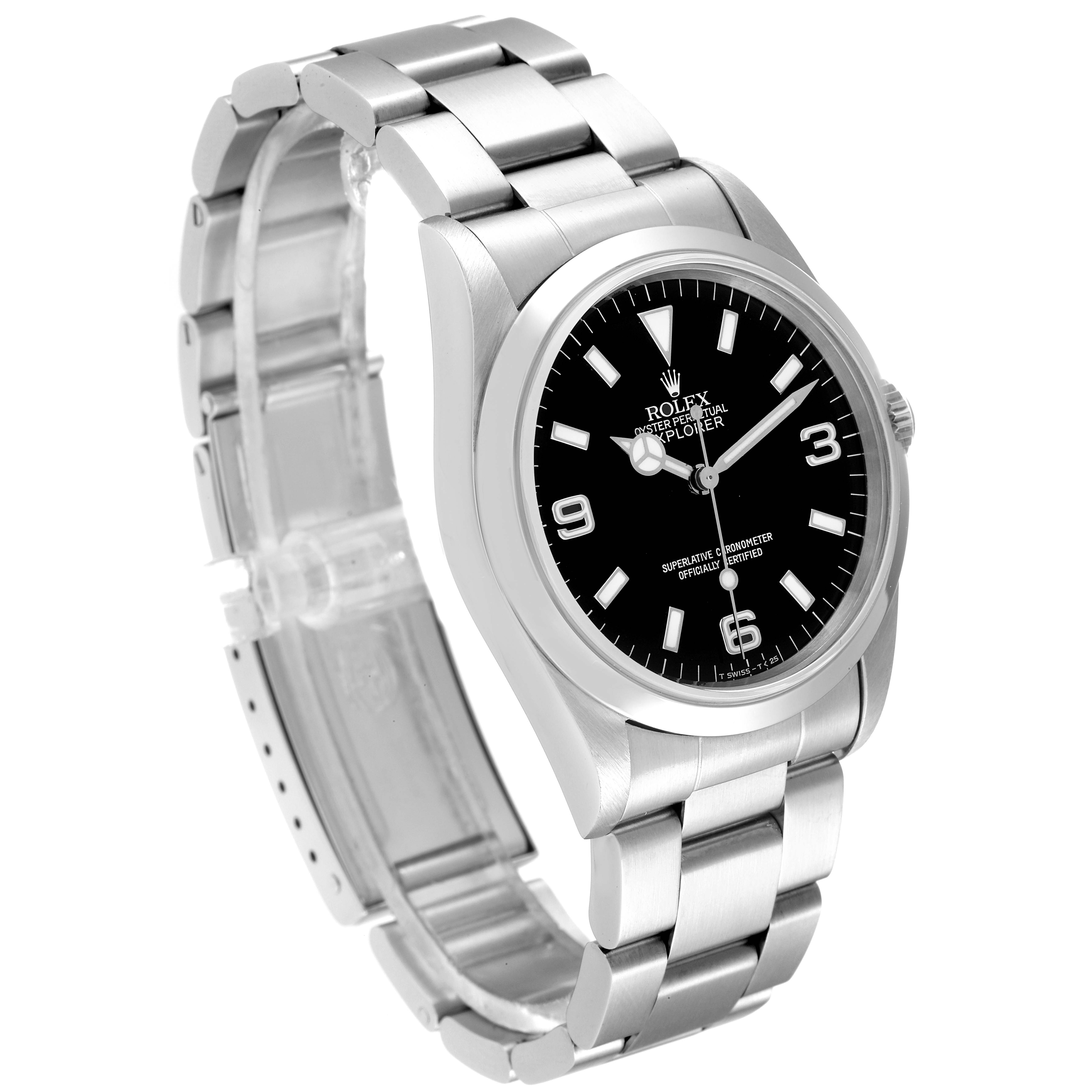 The image shows a Rolex Explorer 14270 Men
s Stainless Steel Black Dial 14270 Men
s Stainless Steel Black Dial watch at a slight angle, highlighting its black dial, bezel, and stainless steel bracelet.