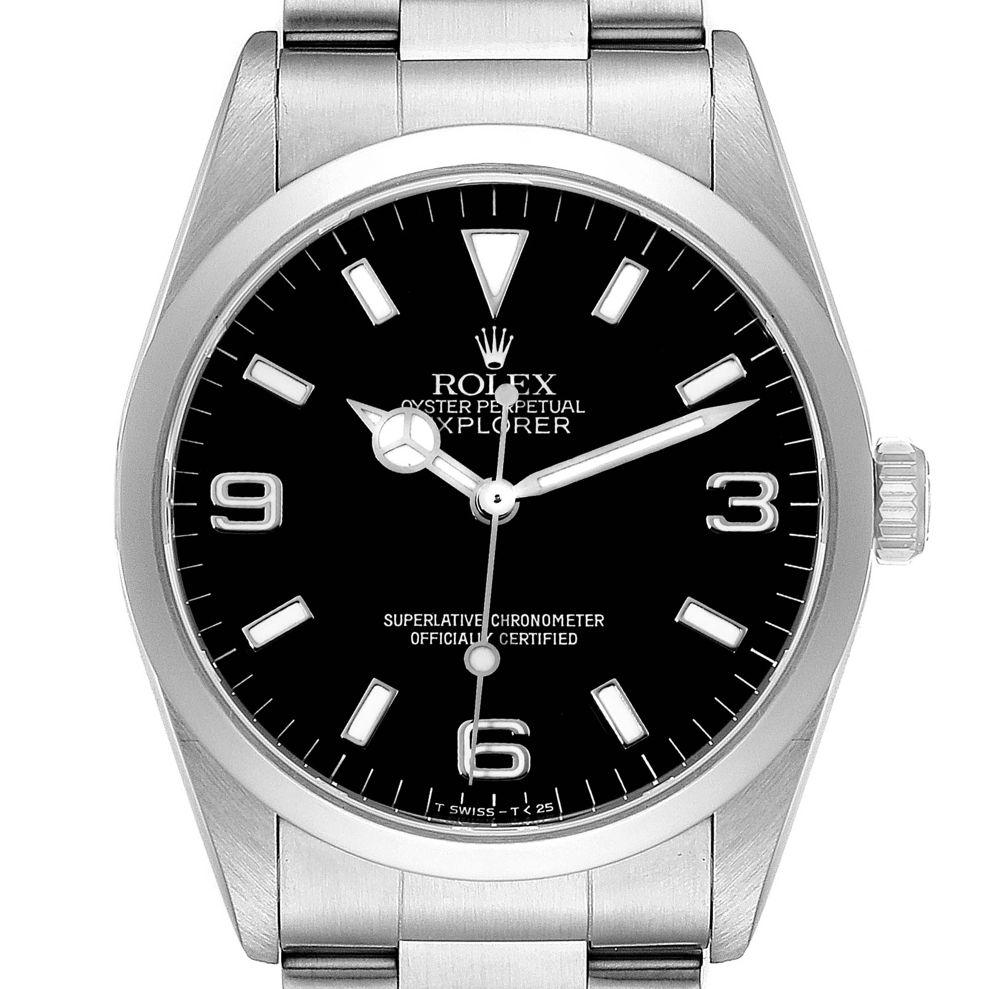 This is a front view of a Rolex Explorer 14270 Men
s Stainless Steel Black Dial 14270 Men
s Stainless Steel Black Dial watch, showing the dial, hands, crown, and part of the bracelet.