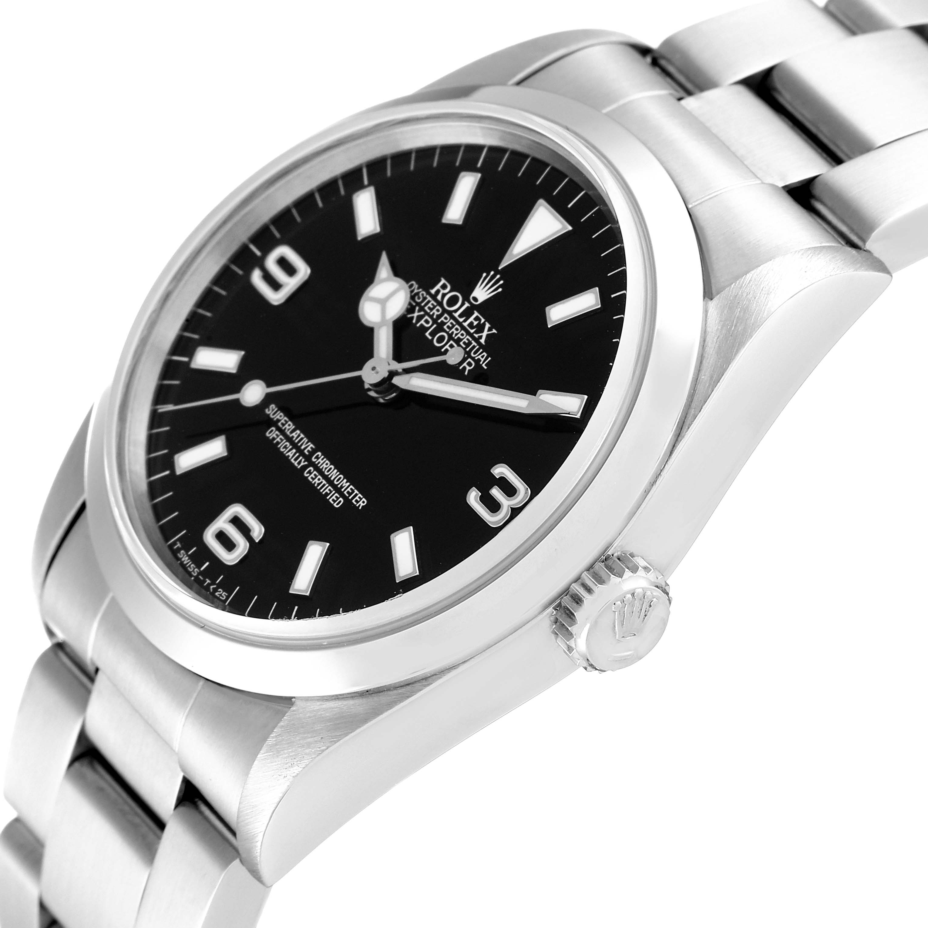 The image shows a close-up side angle of the Rolex Explorer 14270 Men
s Stainless Steel Black Dial 14270 Men
s Stainless Steel Black Dial watch, focusing on the dial, case, crown, and bracelet.