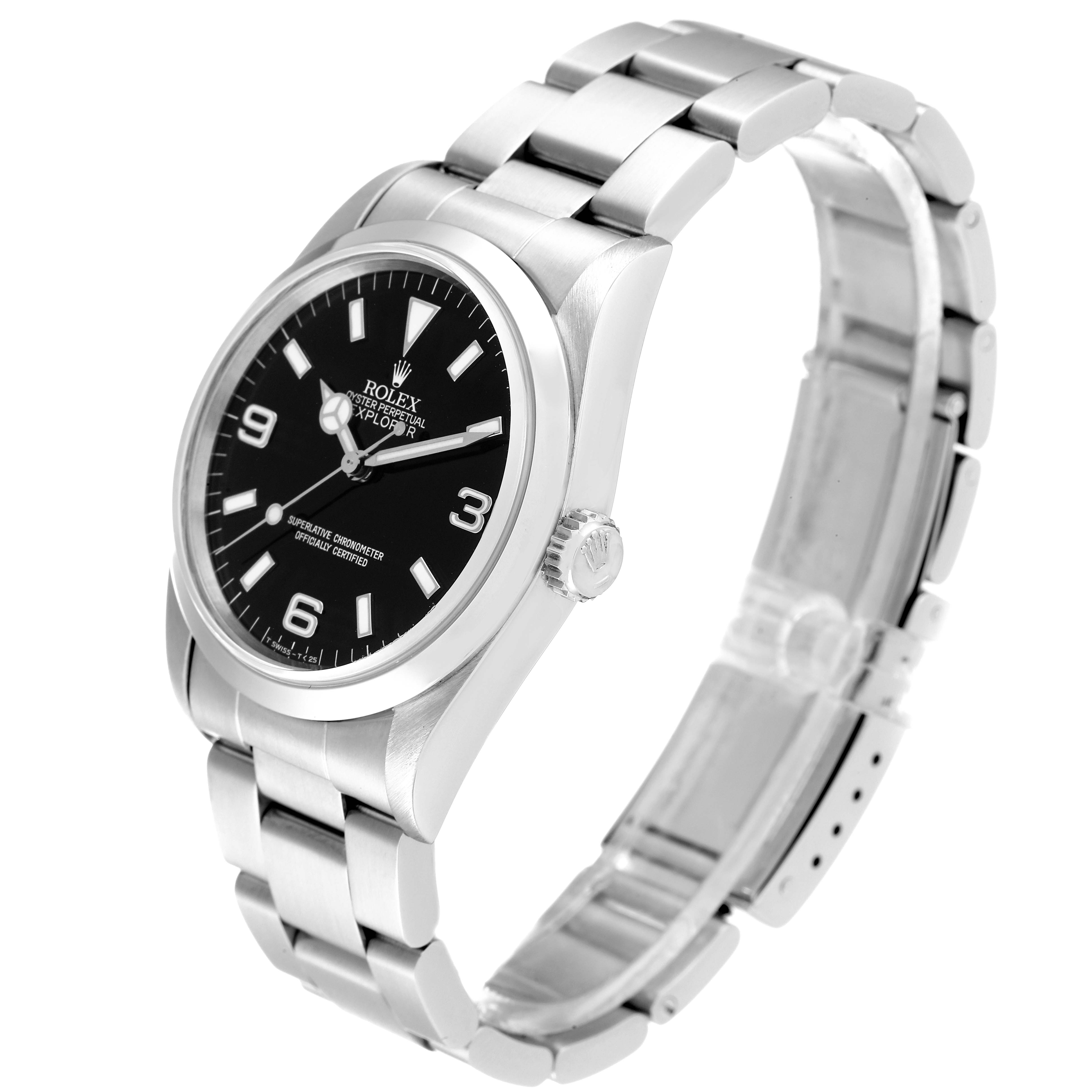 The Rolex Explorer 14270 Men
s Stainless Steel Black Dial 14270 Men
s Stainless Steel Black Dial watch is shown from a side angle, displaying the dial, bezel, crown, and stainless steel bracelet.