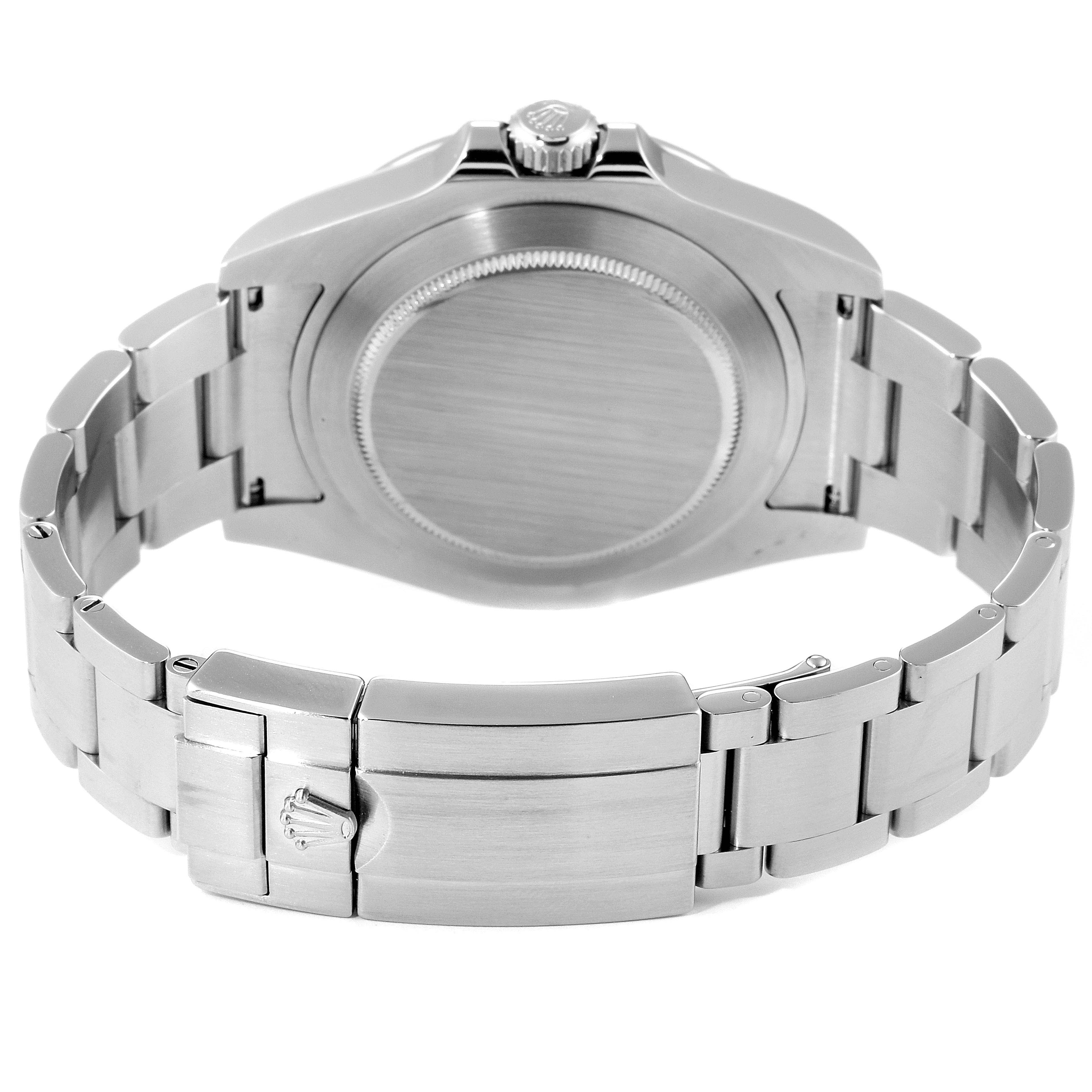 This image shows the back view of a Rolex Explorer 216570 Men
s Stainless Steel Black Dial 216570 Men
s Stainless Steel Black Dial watch, focusing on the case back and the stainless steel bracelet with the clasp.