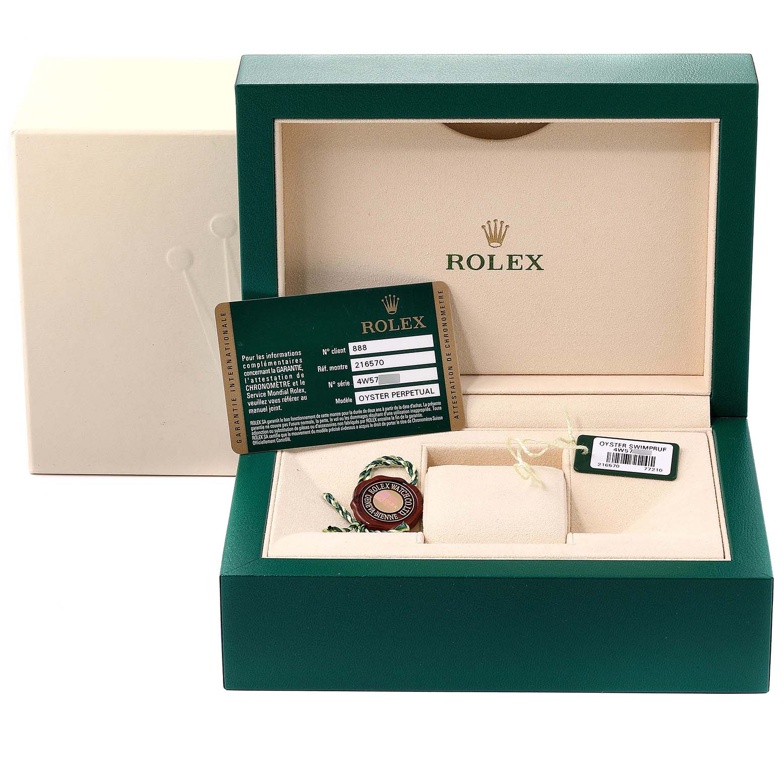 The image shows the open box of a Rolex Explorer 216570 Men
s Stainless Steel Black Dial 216570 Men
s Stainless Steel Black Dial watch model, displaying the interior packaging and an Best Quality
ation card.