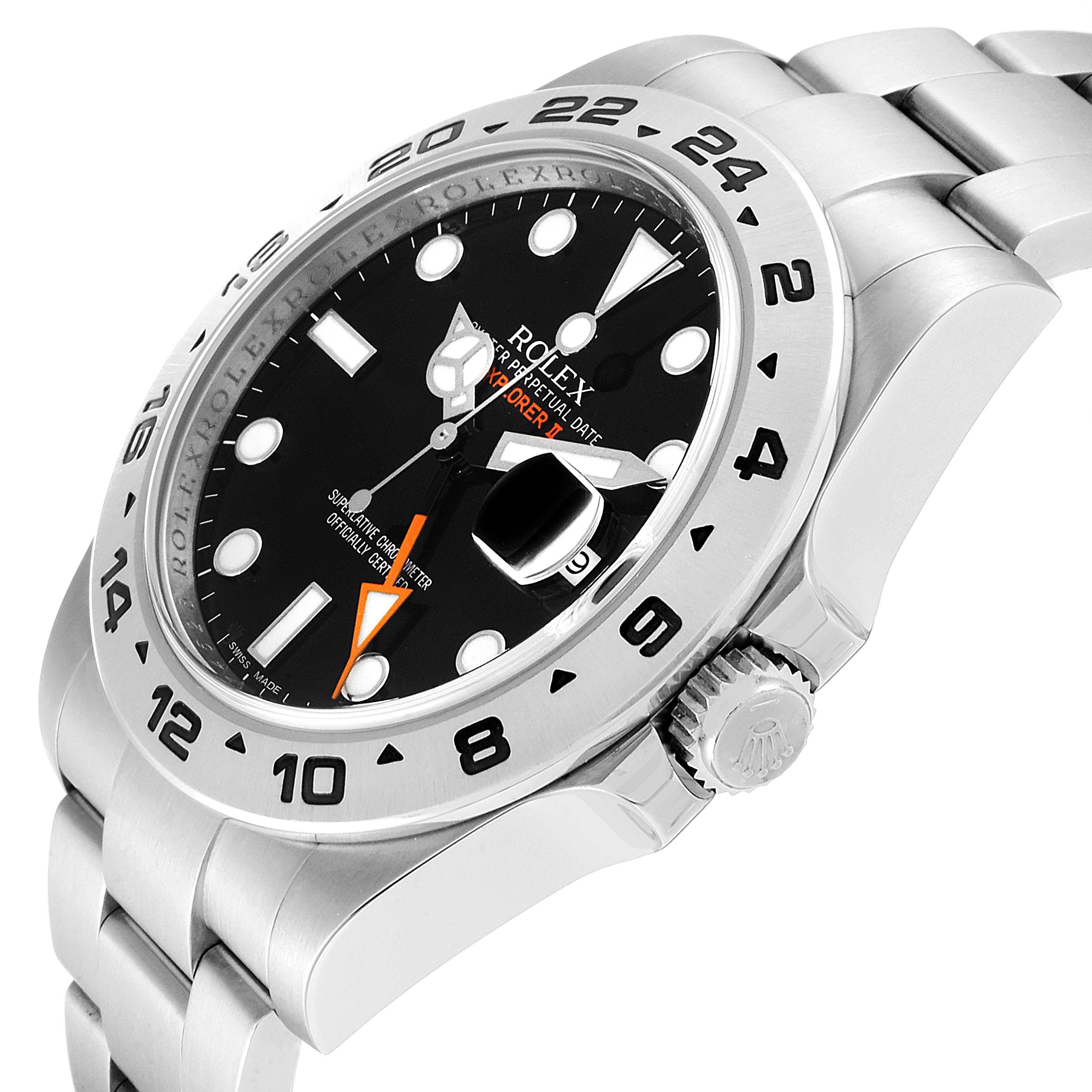 The image shows a close-up angle of the Rolex Explorer 216570 Men
s Stainless Steel Black Dial 216570 Men
s Stainless Steel Black Dial watch face and part of the bracelet, revealing details of the bezel, dial, and crown.