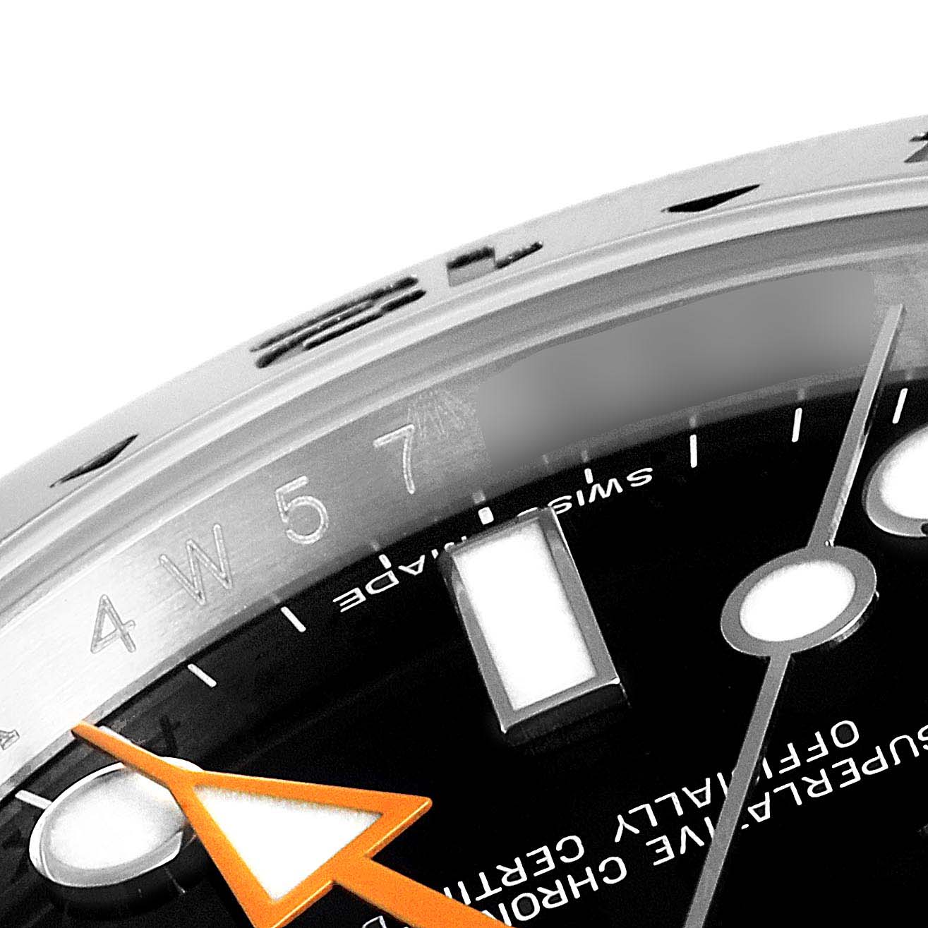 The image shows a close-up angle of the dial and bezel of a Rolex Explorer 216570 Men
s Stainless Steel Black Dial 216570 Men
s Stainless Steel Black Dial watch.