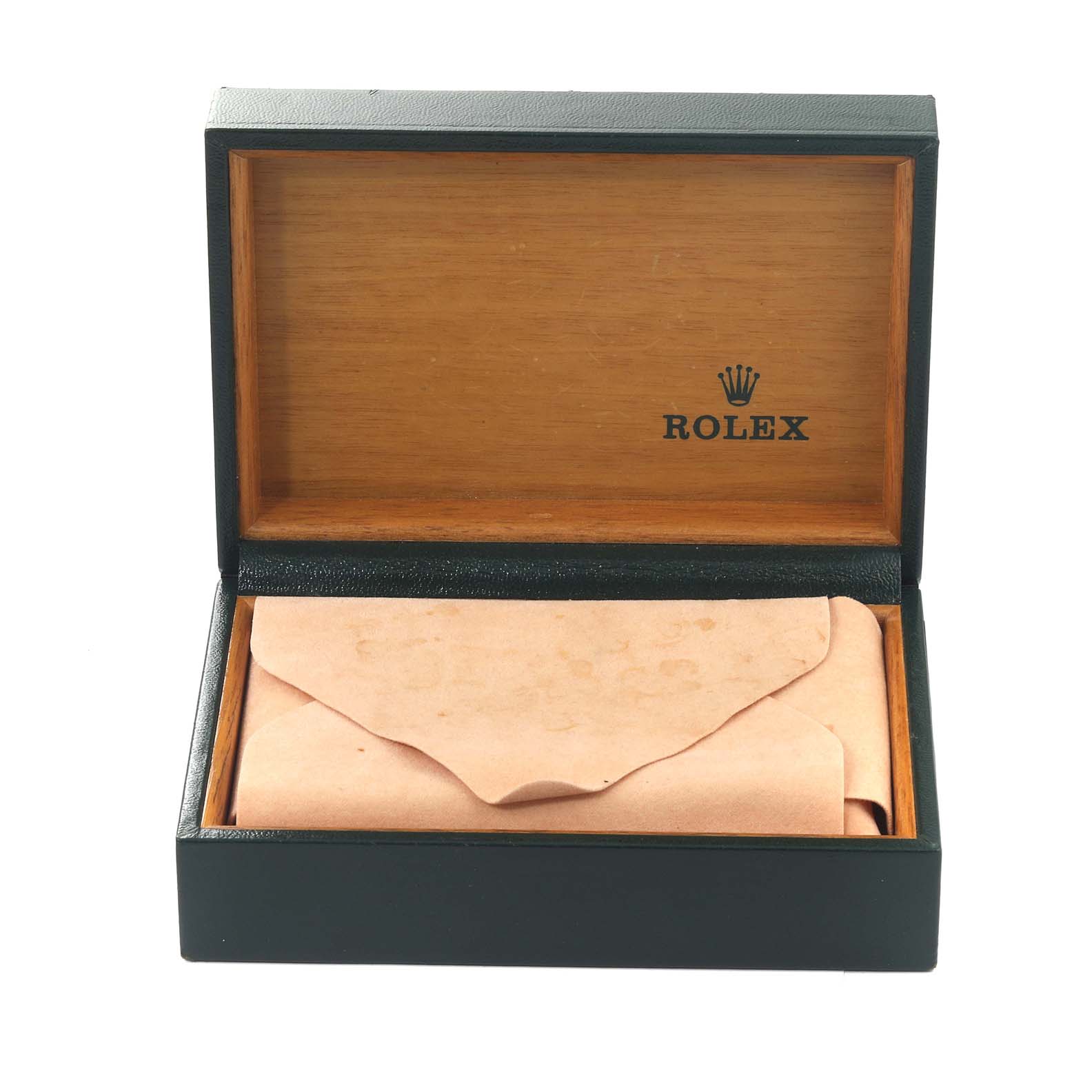 The image shows an open Rolex Explorer 16570 Men's Stainless Steel Black Dial 16570 Men's Stainless Steel Black Dial watch box with the logo inside and a cloth envelope inside the box.