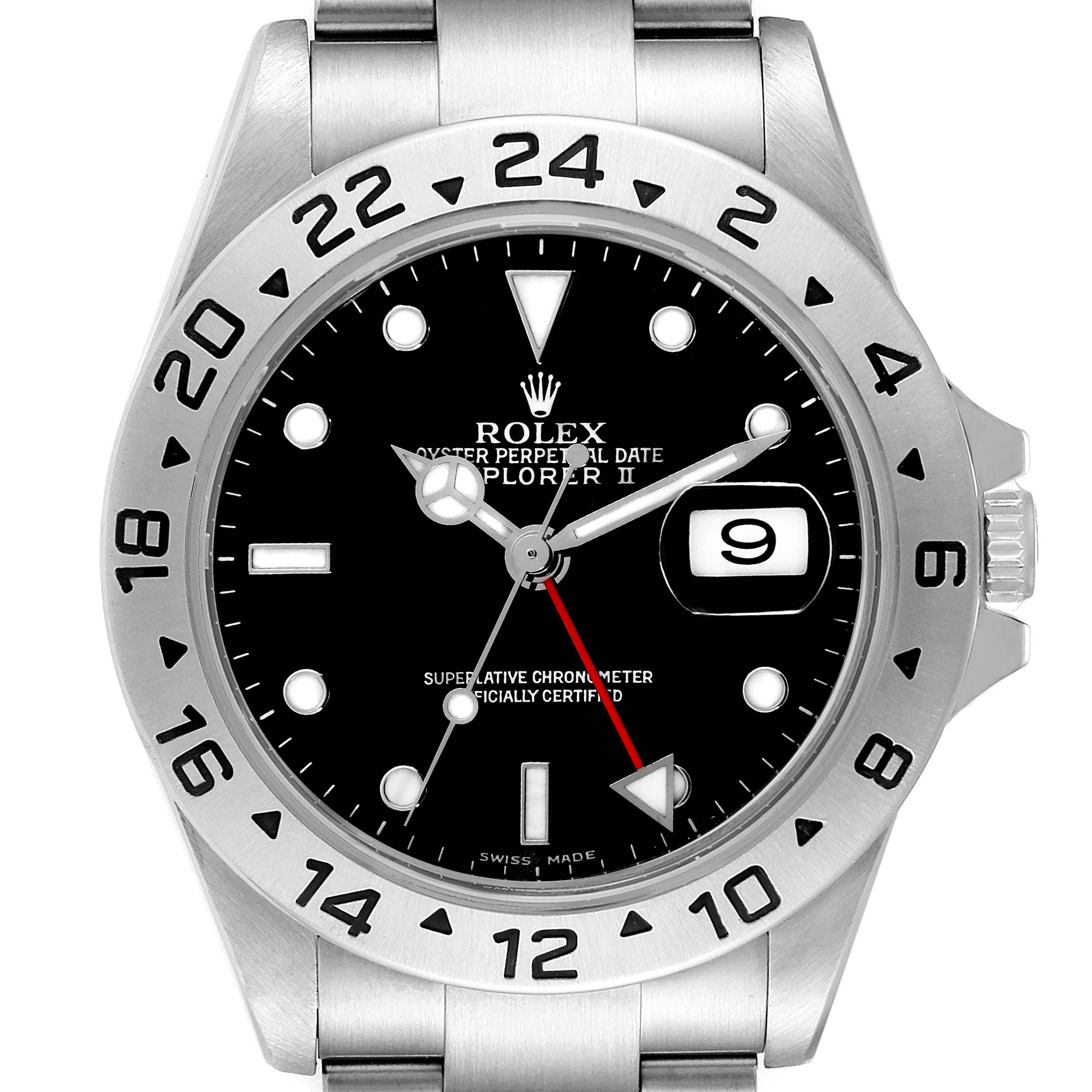 This image shows a front view of the Rolex Explorer 16570 Men's Stainless Steel Black Dial 16570 Men's Stainless Steel Black Dial watch, highlighting the dial, bezel, and bracelet.