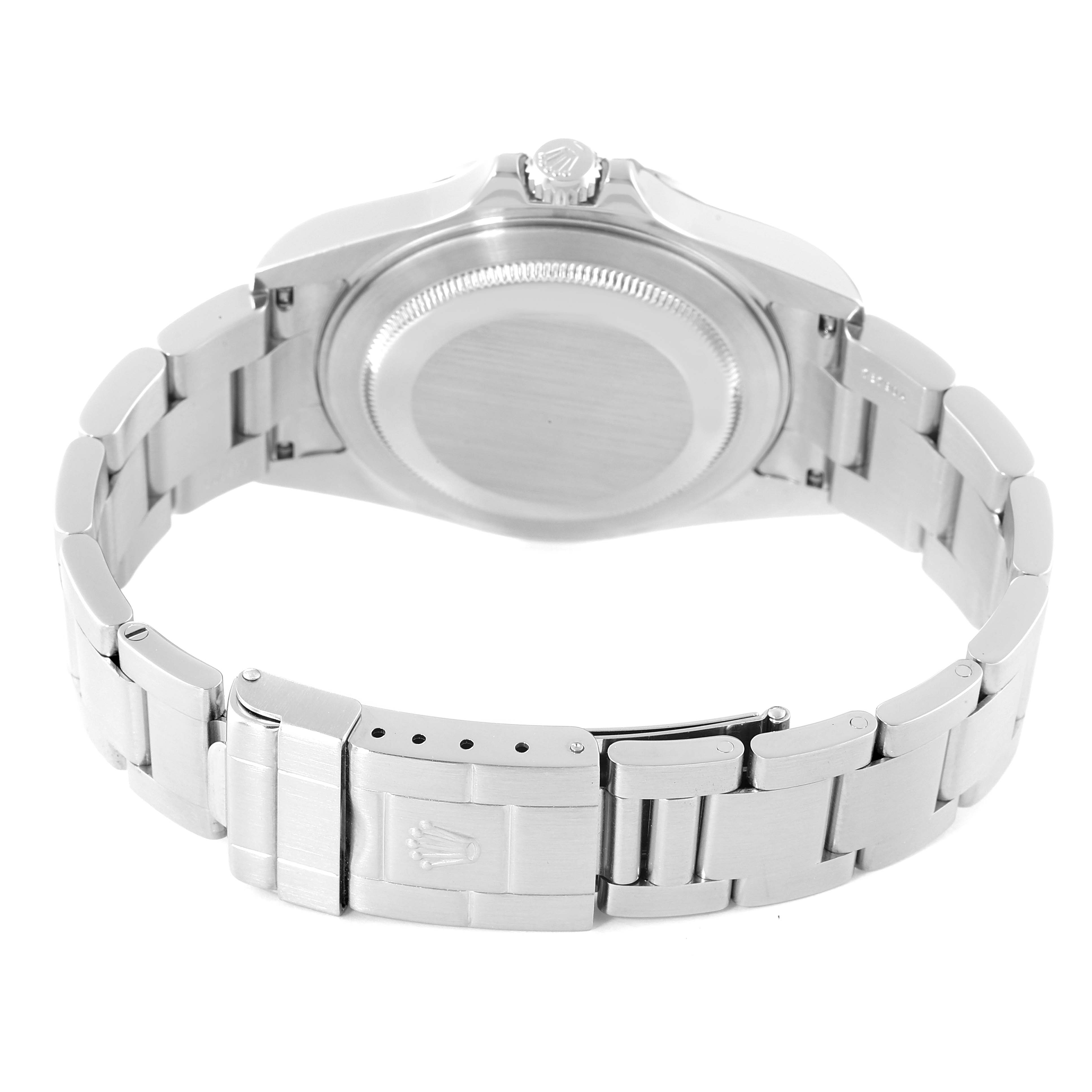 The image shows the back and bracelet of a Rolex Explorer 16570 Men's Stainless Steel Black Dial 16570 Men's Stainless Steel Black Dial watch, highlighting the clasp and case back.