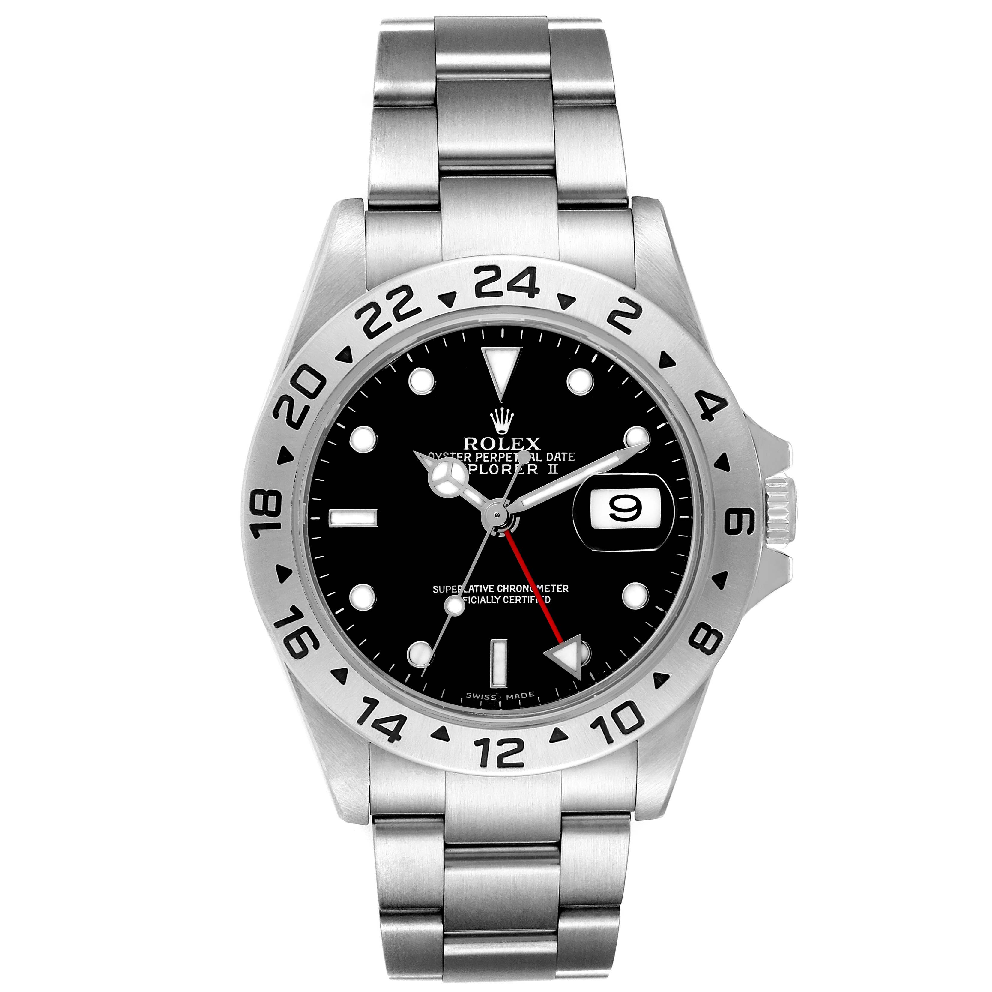 The Rolex Explorer 16570 Men's Stainless Steel Black Dial 16570 Men's Stainless Steel Black Dial model watch is shown from a top-down angle, displaying the dial, bezel, and bracelet.
