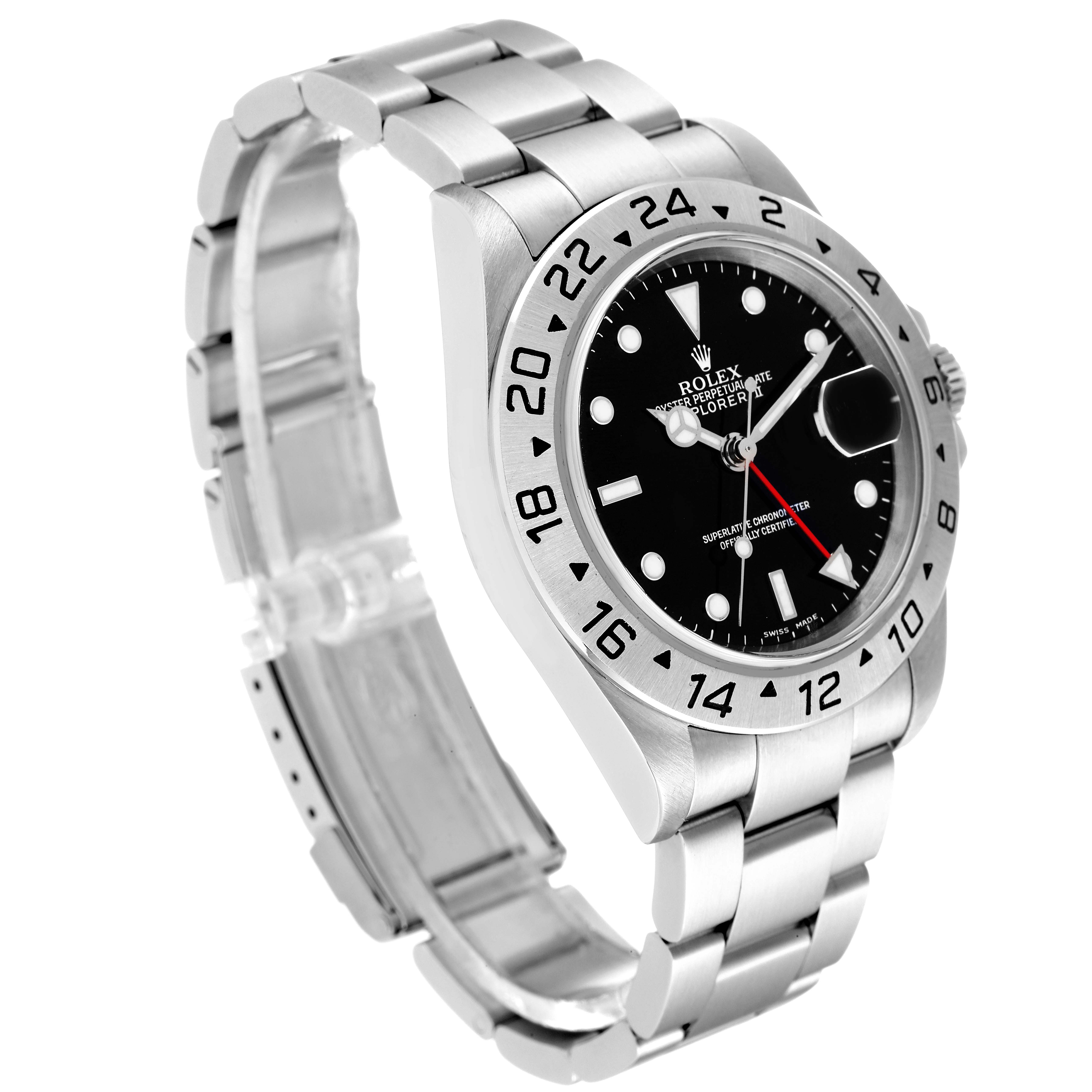 The Rolex Explorer 16570 Men's Stainless Steel Black Dial 16570 Men's Stainless Steel Black Dial watch is shown at a 3/4 angle, highlighting its face, bezel, and full metal bracelet.