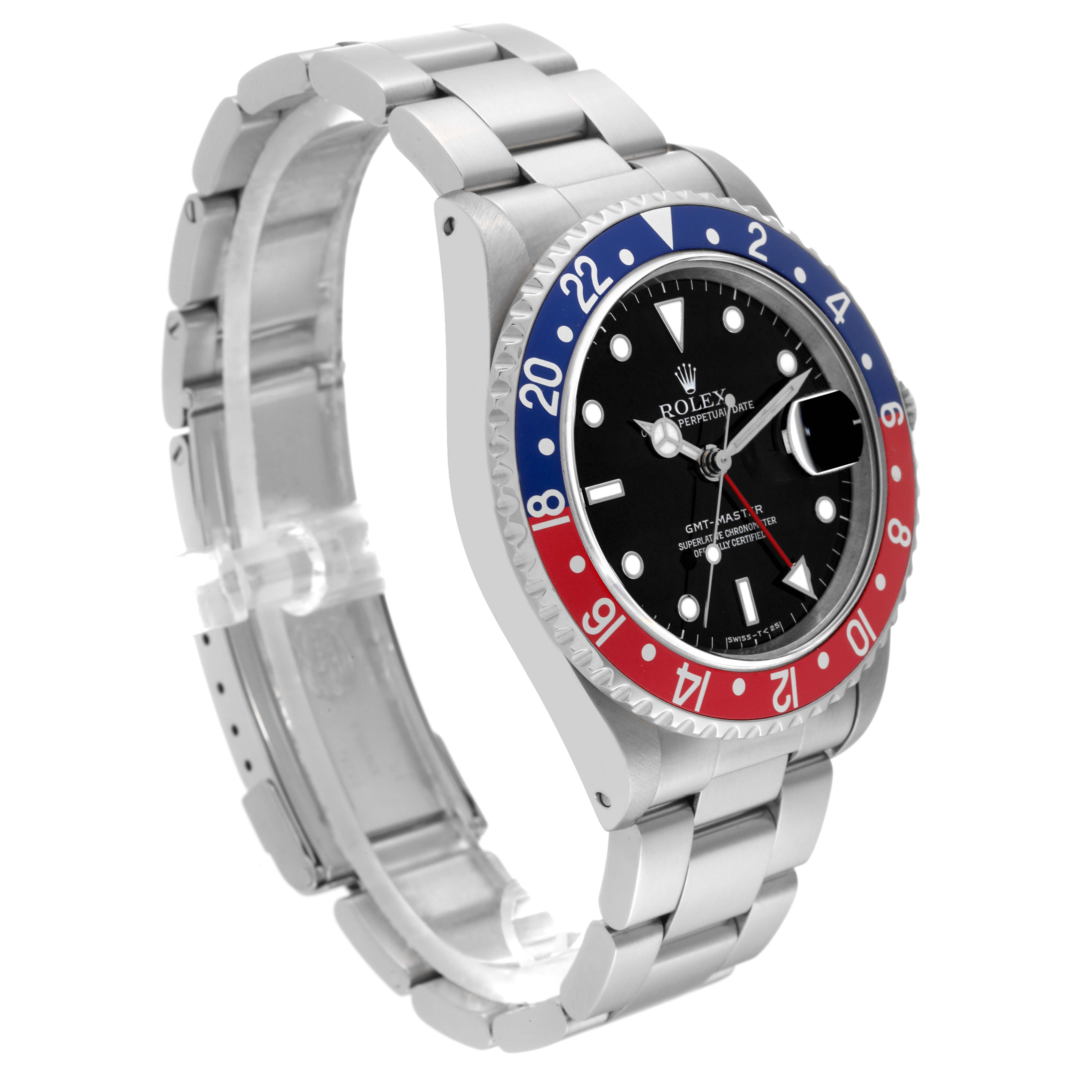This image shows a side-angle view of a Rolex GMT-Master 16700 Men's Stainless Steel Black Dial 16700 Men's Stainless Steel Black Dial watch, showcasing the bezel, dial, and bracelet.