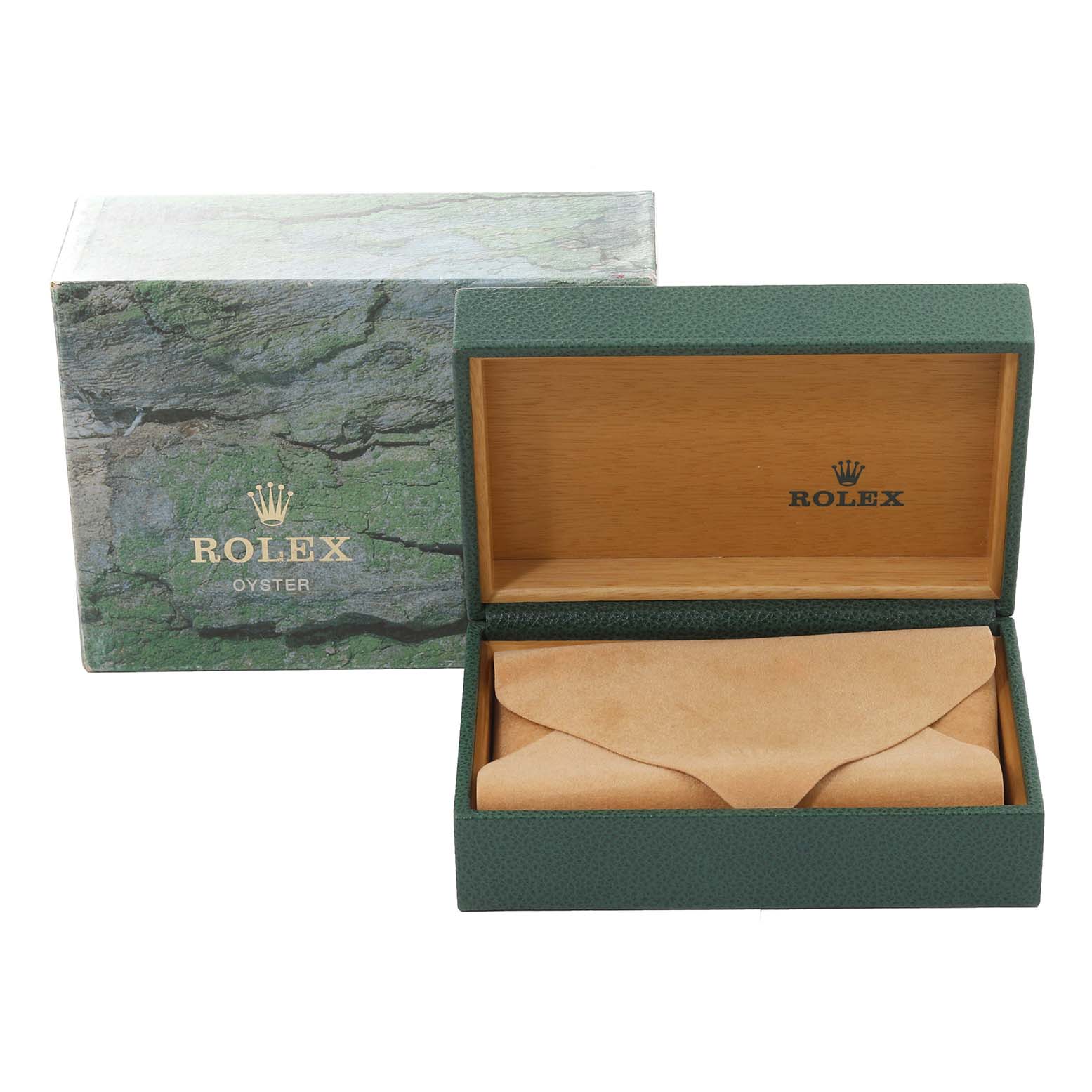 The image shows a Rolex GMT-Master 16700 Men's Stainless Steel Black Dial 16700 Men's Stainless Steel Black Dial watch box and its open interior, revealing a leather holder for the watch.