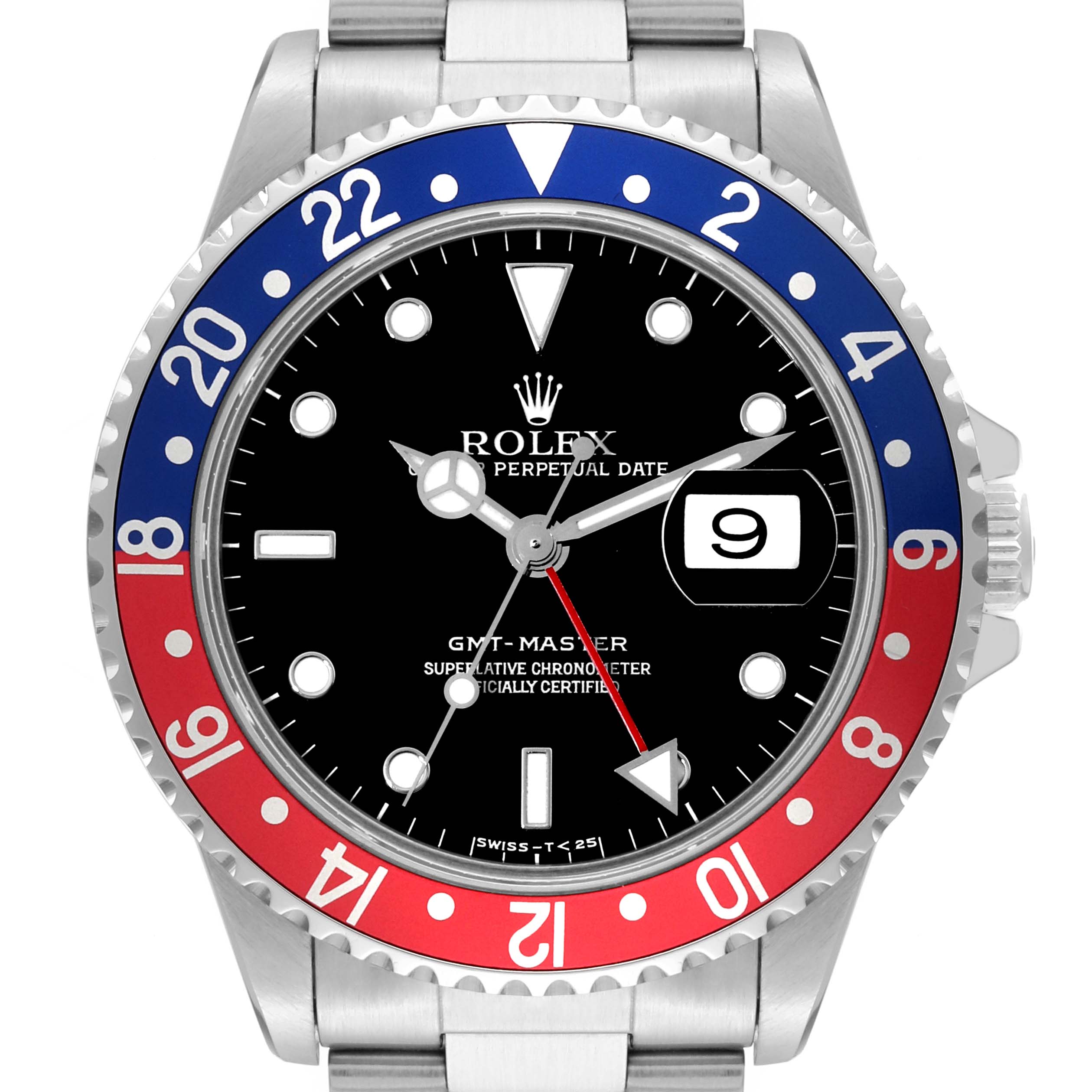 The image shows a front view of the Rolex GMT-Master 16700 Men's Stainless Steel Black Dial 16700 Men's Stainless Steel Black Dial watch, highlighting its bezel, dial, hands, and date window.