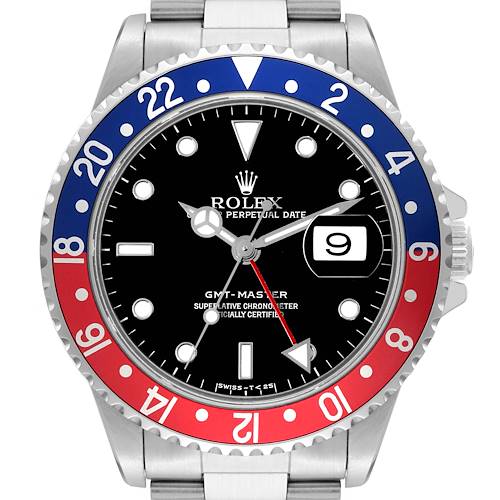 This image shows a close-up frontal view of a Rolex GMT-Master watch, highlighting its bezel, dial, and date feature.