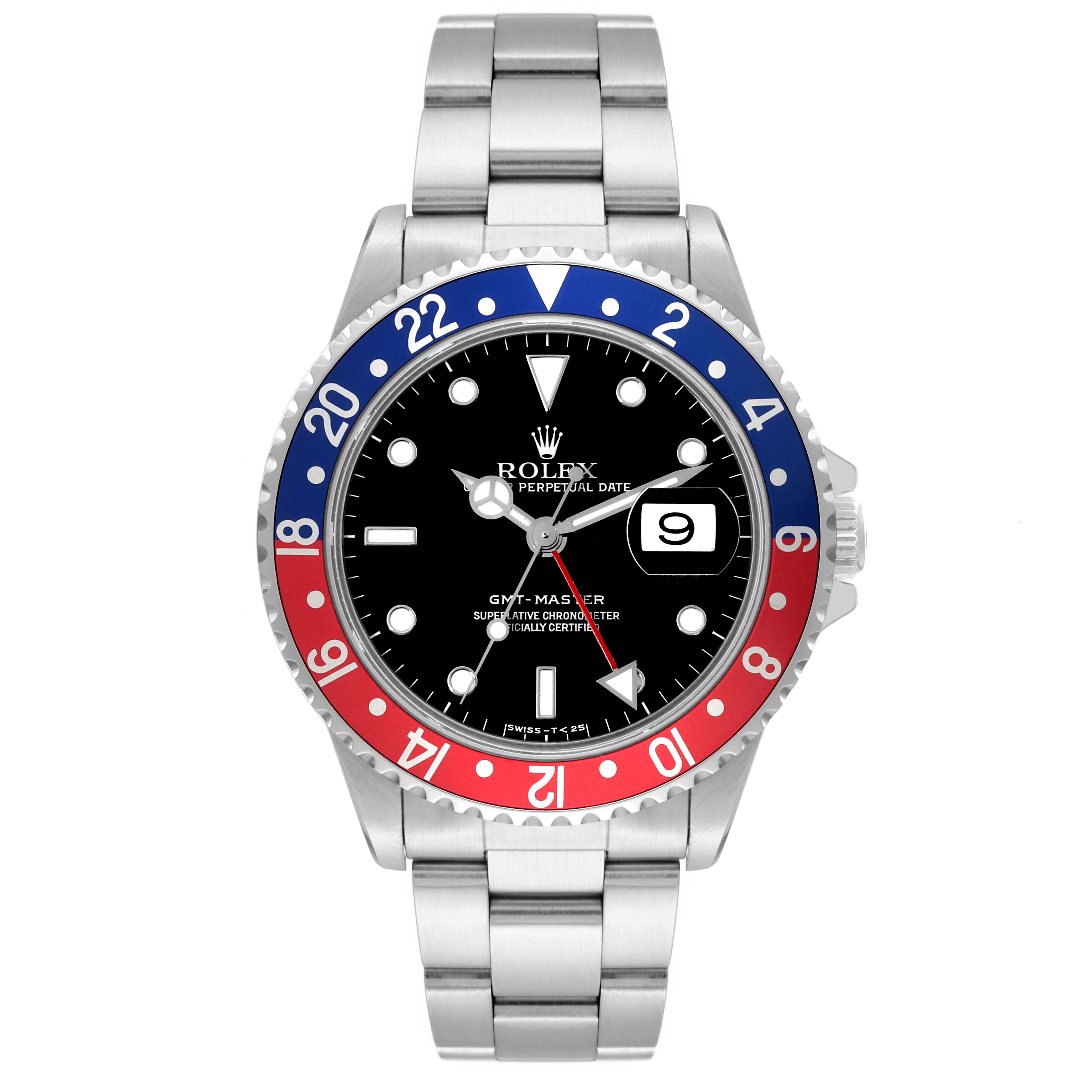 The Rolex GMT-Master 16700 Men's Stainless Steel Black Dial 16700 Men's Stainless Steel Black Dial watch is shown front-on, displaying its bezel, dial, hands, and bracelet.