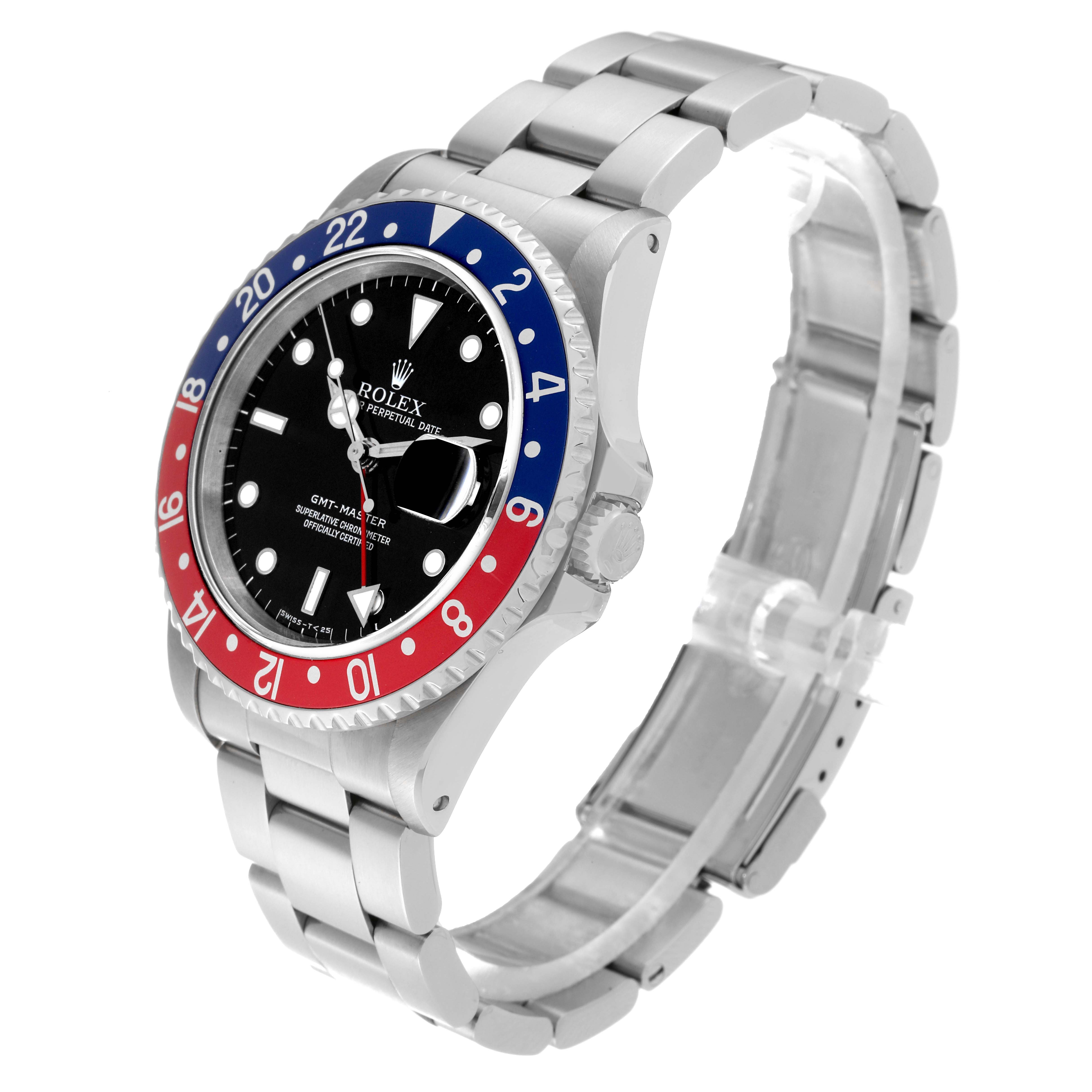 The image shows a side-angle perspective of the Rolex GMT-Master 16700 Men's Stainless Steel Black Dial 16700 Men's Stainless Steel Black Dial watch, highlighting the bezel, dial, and bracelet.